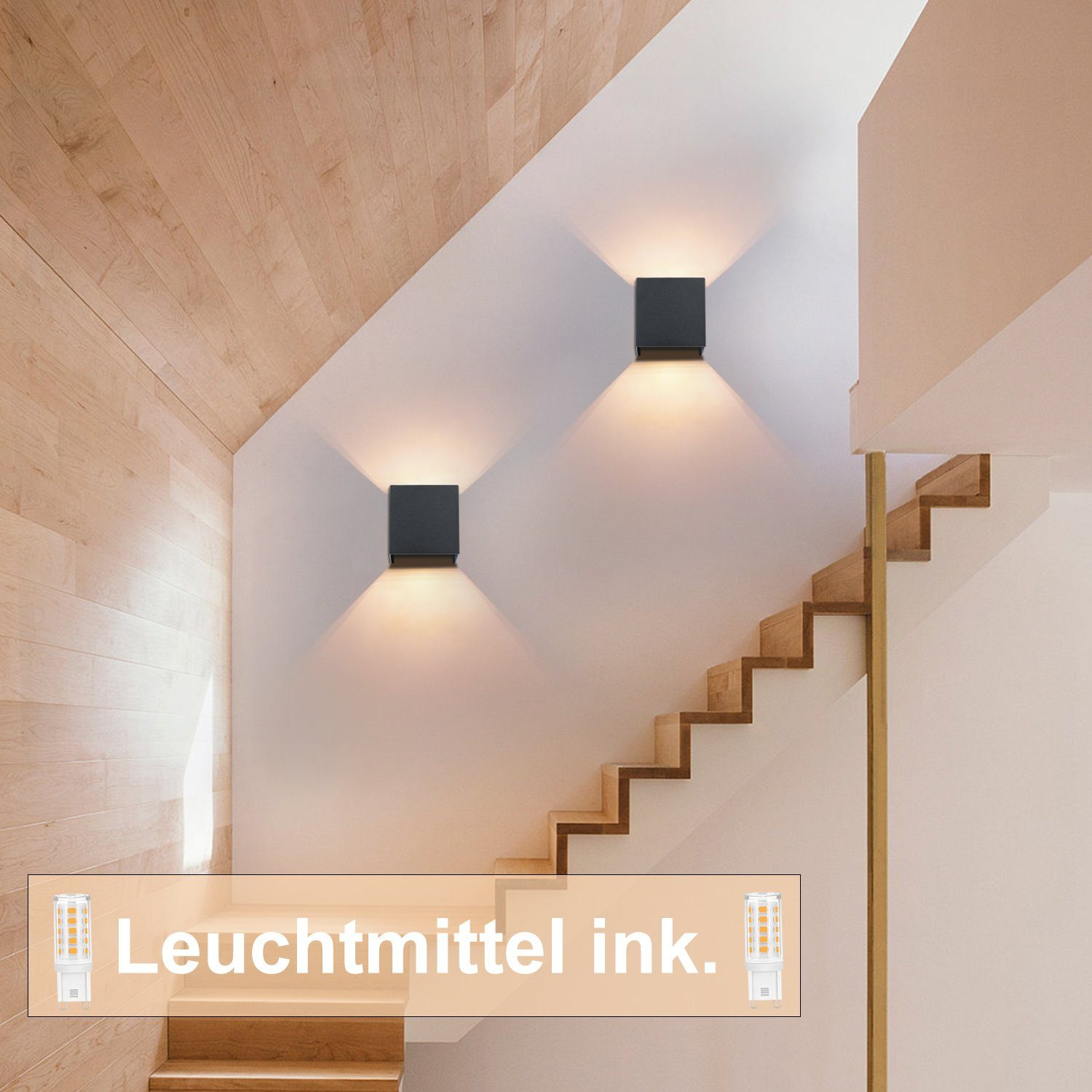Due applique quadrate nere su muro bianco, sopra scala in legno. Testo: Leuchtmittel ink.