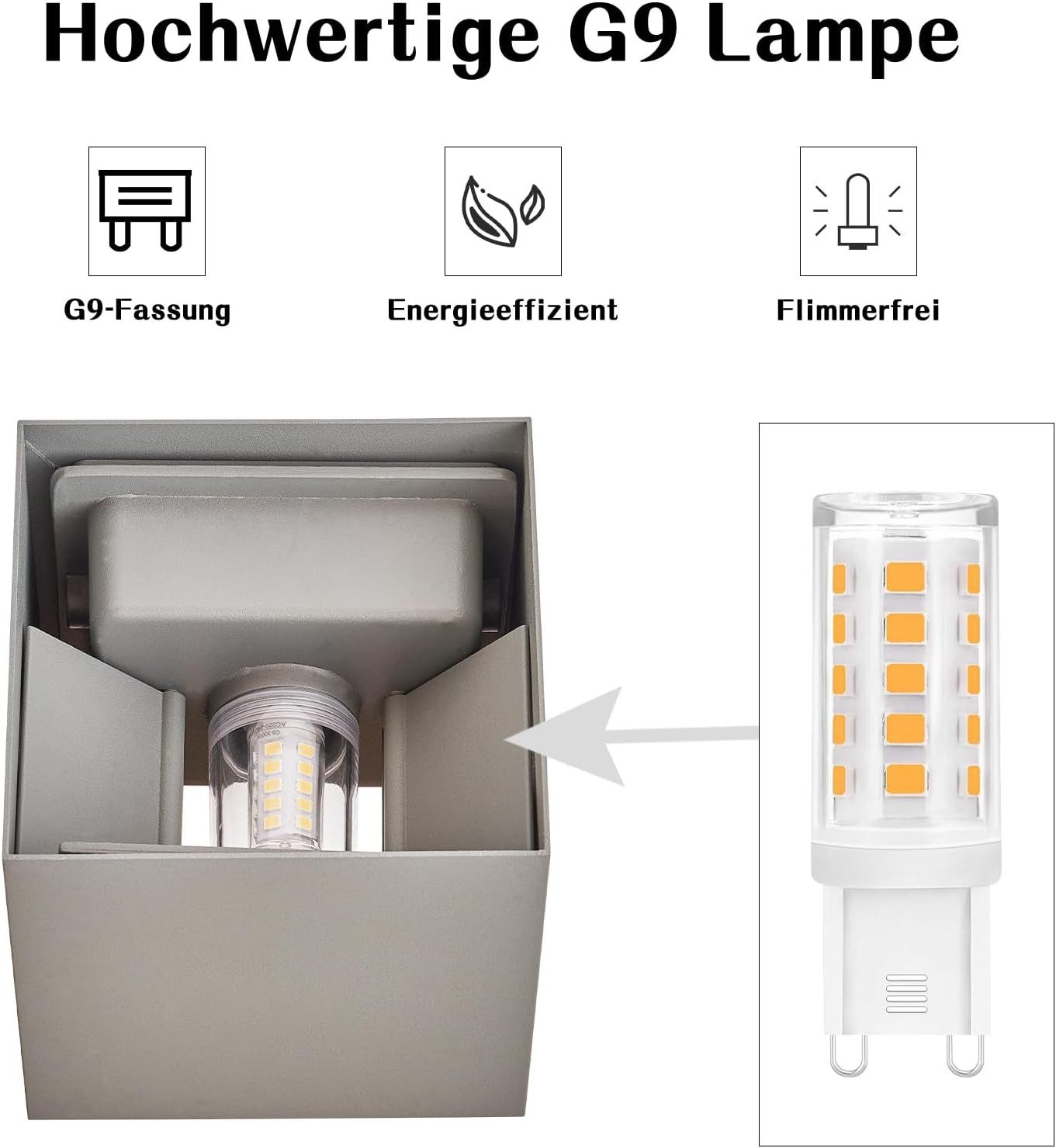 Lampada G9 all'interno della confezione. Mostra la lampada con una freccia. G9-Fassung, Energieeffizient, Flimmerfrei.