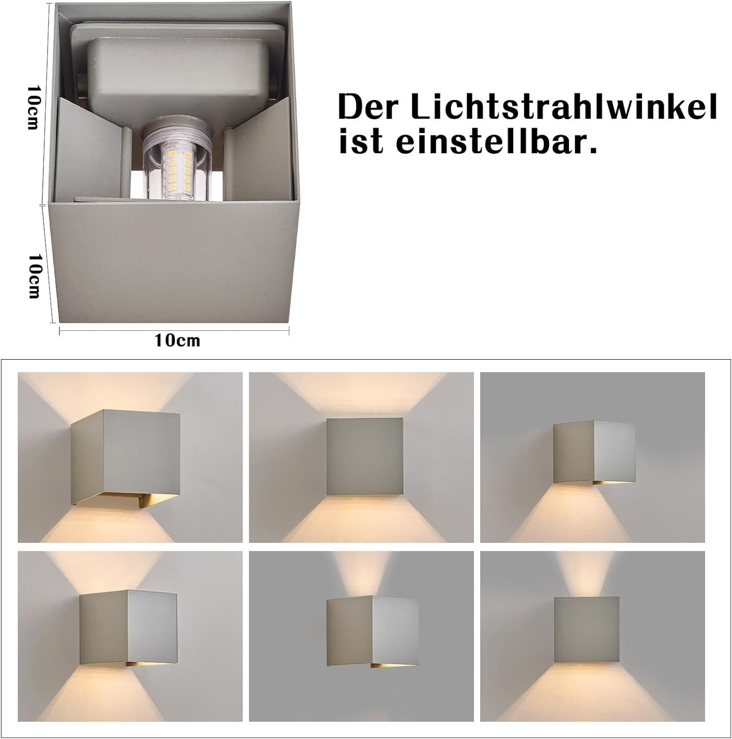 Schema di installazione di una lampada quadrata grigia. Testo indica angolo del fascio luminoso regolabile. Luci multiple.