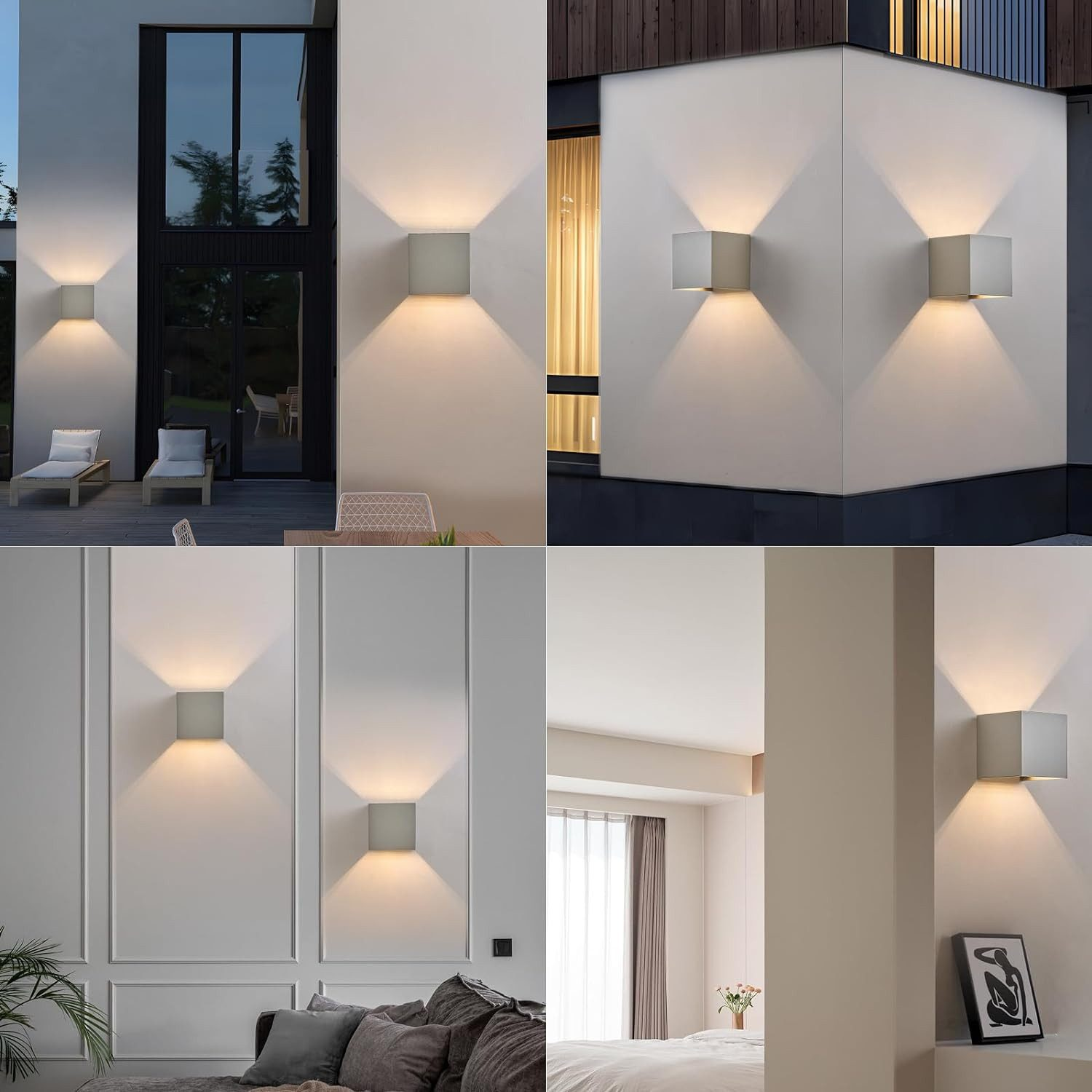 Diverse viste di moderne luci esterne quadrate su pareti bianche, che illuminano i dintorni.