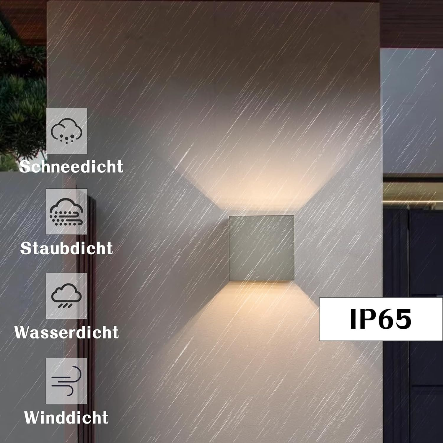Lampada quadrata da esterno su un muro, con icone che indicano la resistenza agli agenti atmosferici: neve, pioggia, polvere, vento.