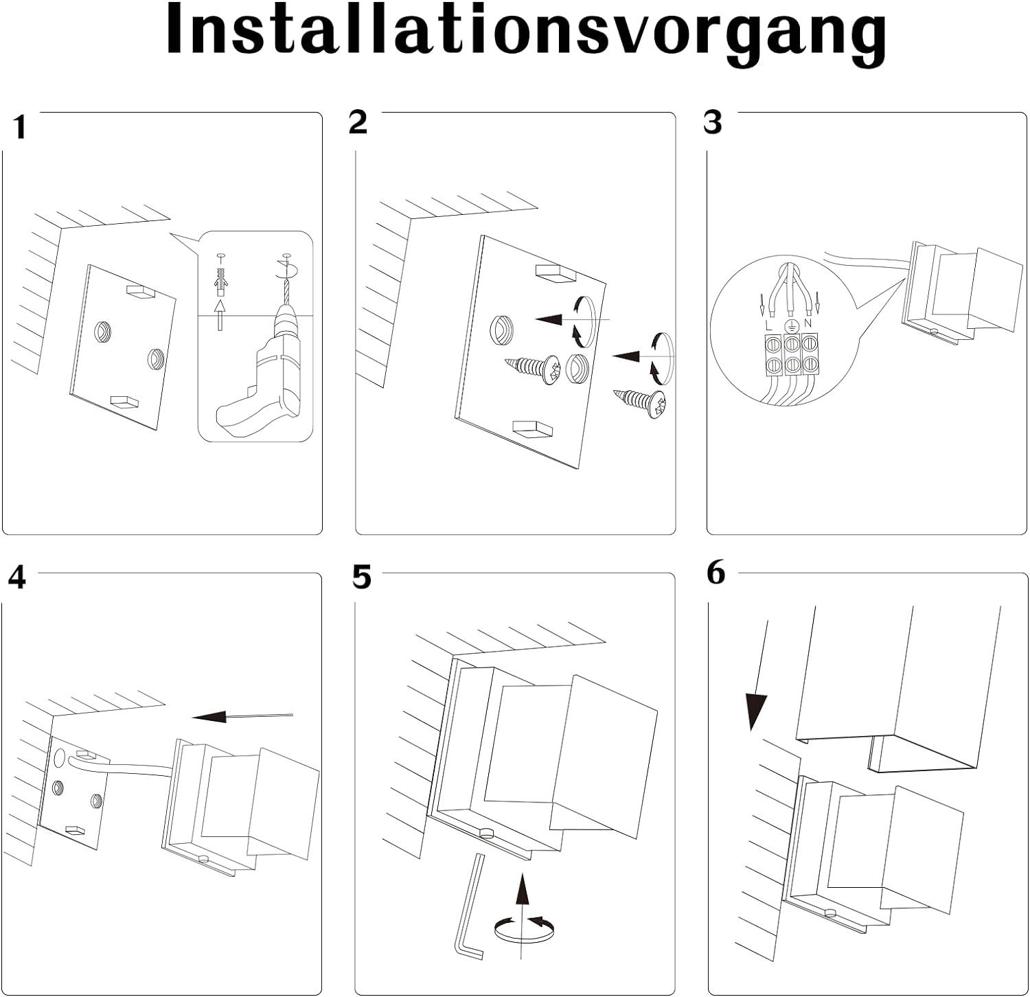 Fasi di installazione, numerate da 1 a 6, che mostrano il montaggio di un dispositivo con viti, fili e coperchio.