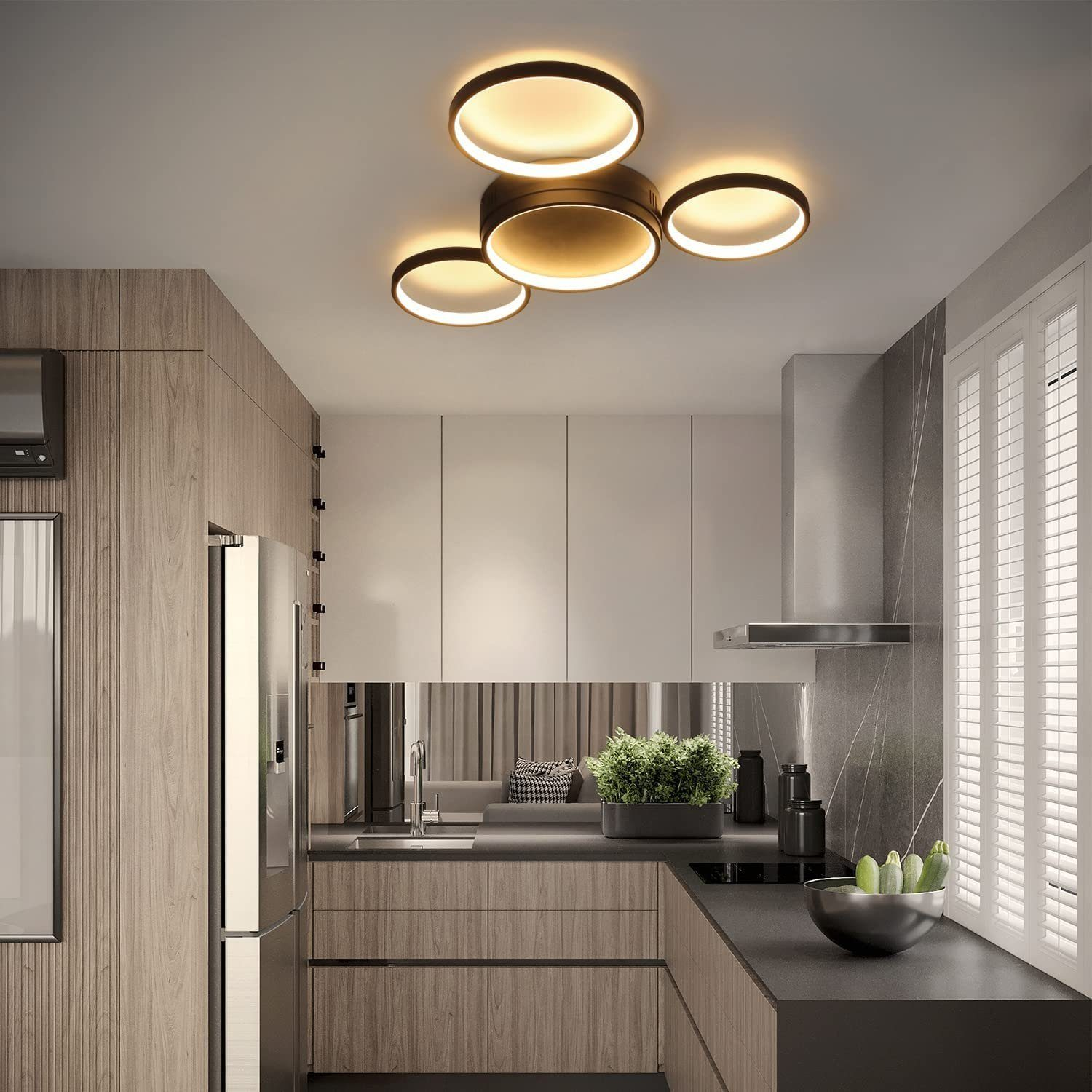 Modernes Küchendesign mit kreisförmigen Deckenleuchten. Holzschränke, Edelstahlgeräte.