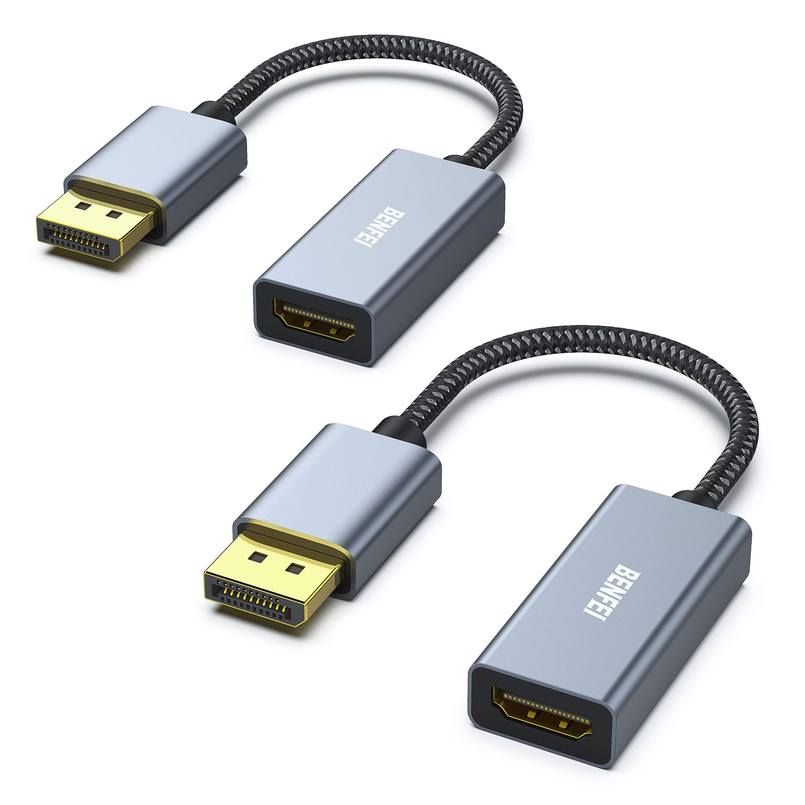 Zwei graue Display-Port-zu-HDMI-Adapter.