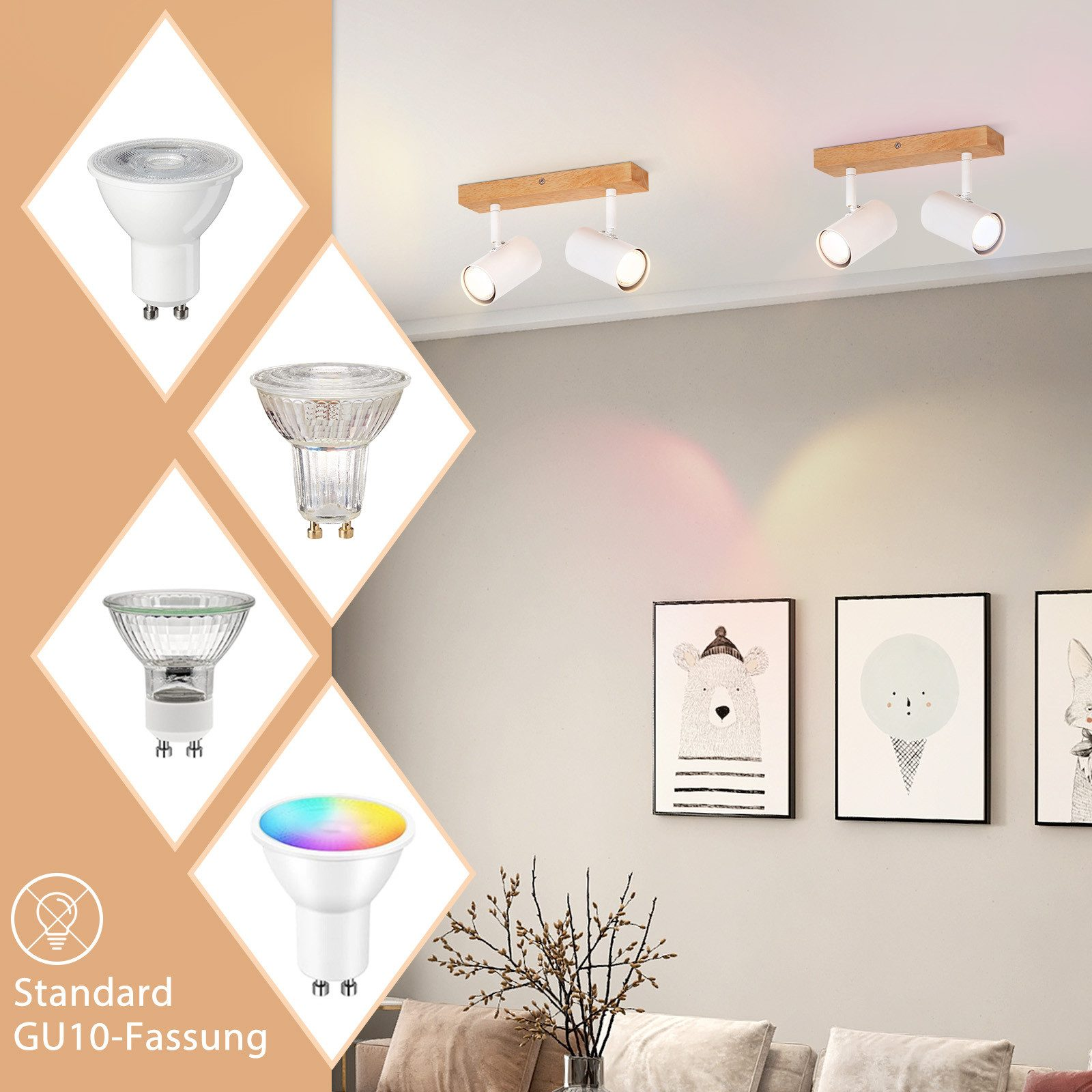 Tre lampadine su una trave di legno, con altri esempi di lampadine. Arte moderna sullo sfondo.
