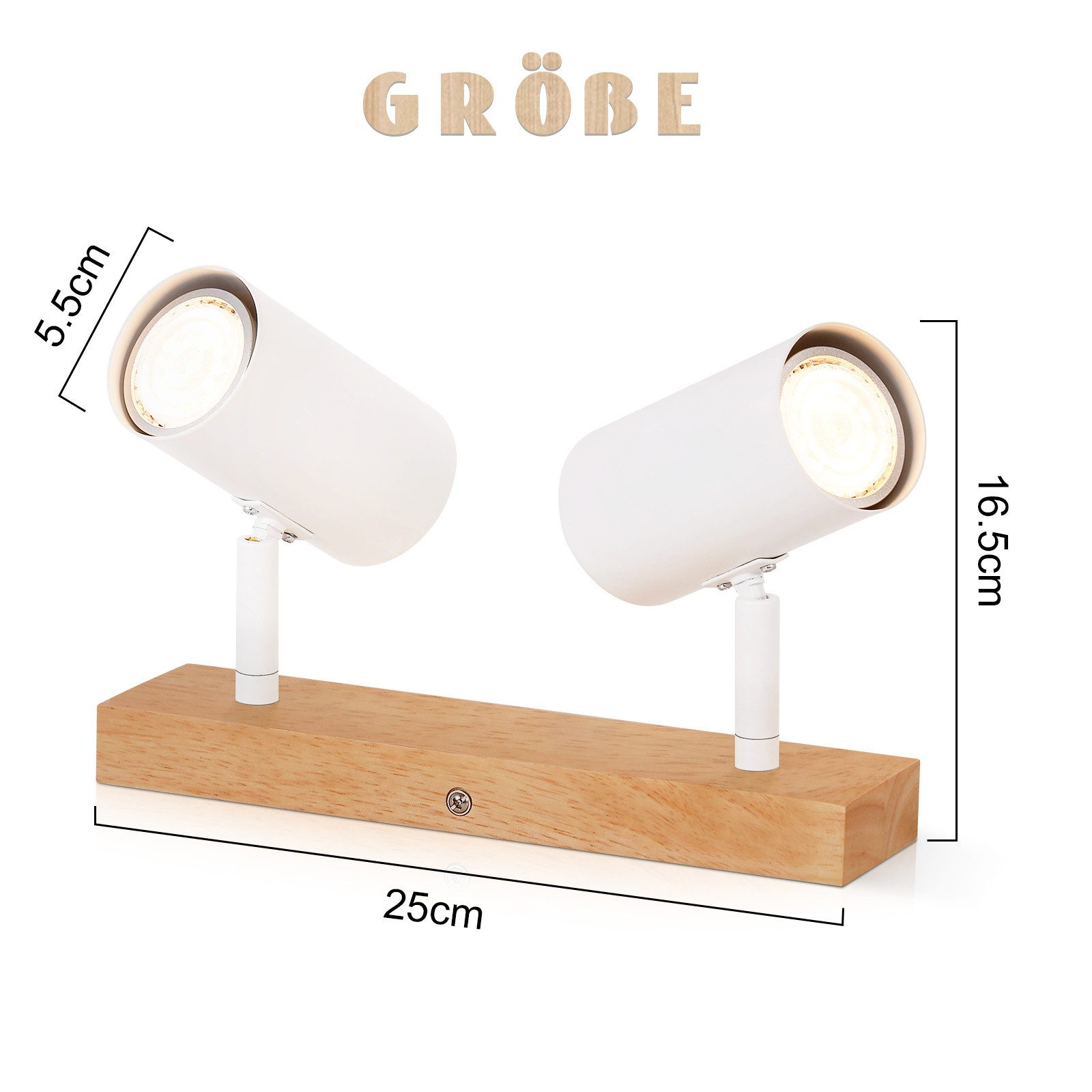 Due faretti bianchi su base in legno. Dimensioni fornite.
