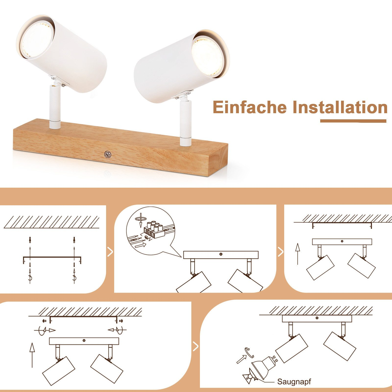 Due faretti bianchi su una base di legno. Il diagramma mostra come installarli. Il testo dice: facile installazione.
