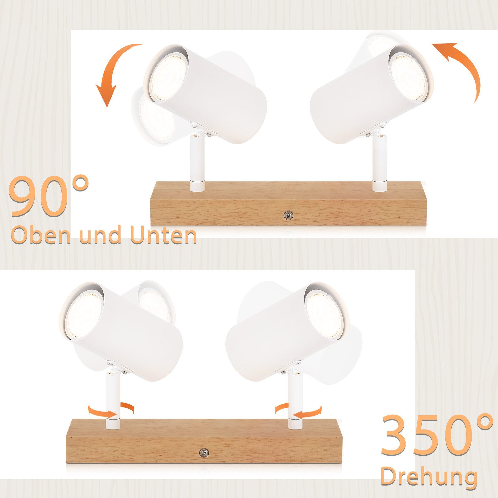 Due faretti bianchi orientabili su base in legno, con etichette di 90 e 350 gradi.