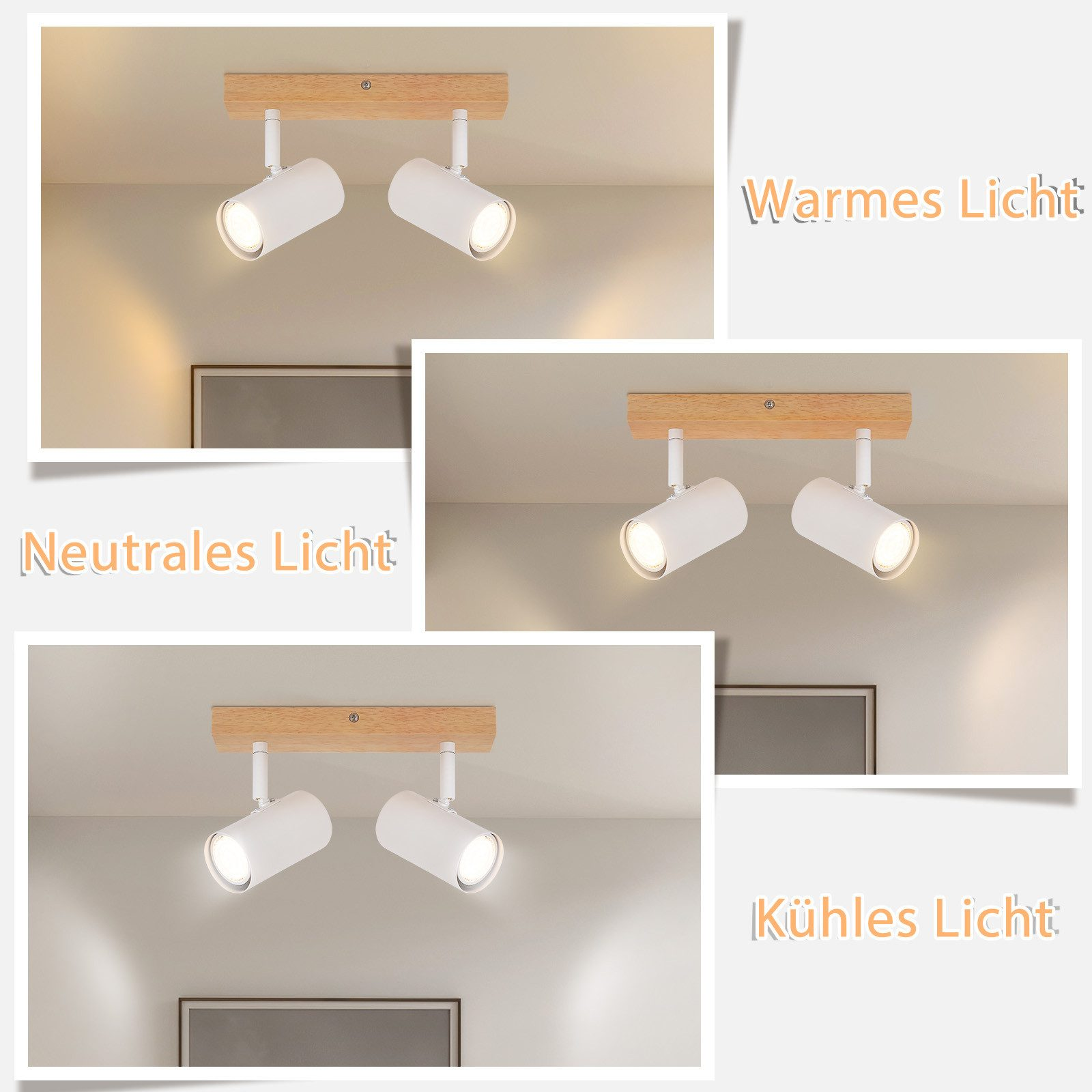 Primi piani di faretti a soffitto che mostrano colori di luce calda, neutra e fredda.
