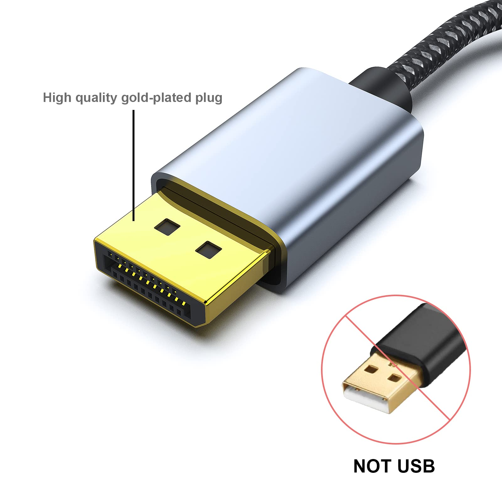 Nahaufnahme eines DisplayPort-Anschlusses mit vergoldetem Stecker. USB-Anschluss ist durchgestrichen.