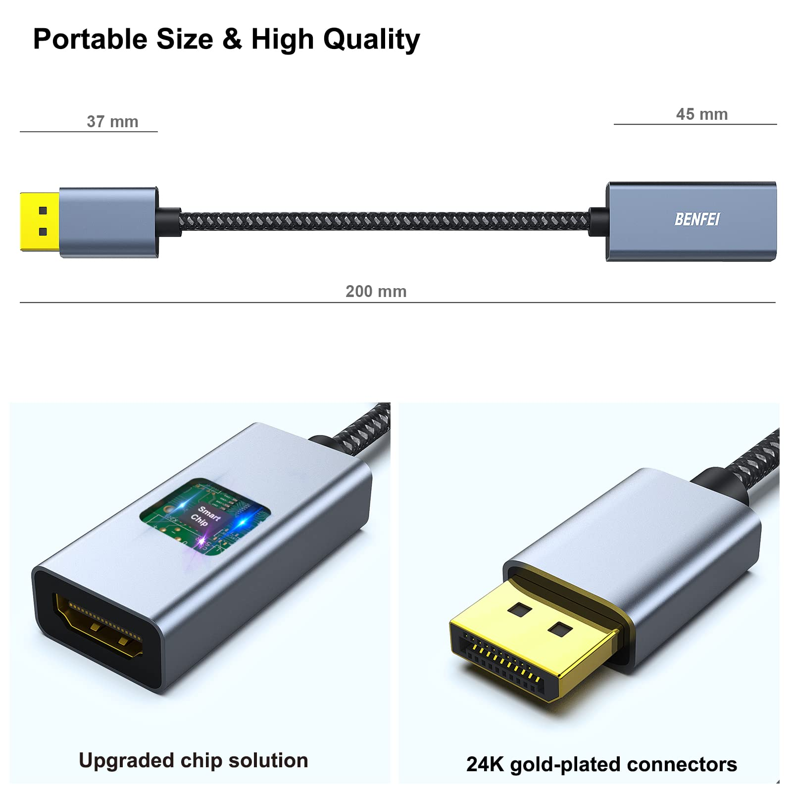 Grauer Adapter mit USB- und HDMI-Ende. Text: Portable Size & High Quality, und BENFEI.
