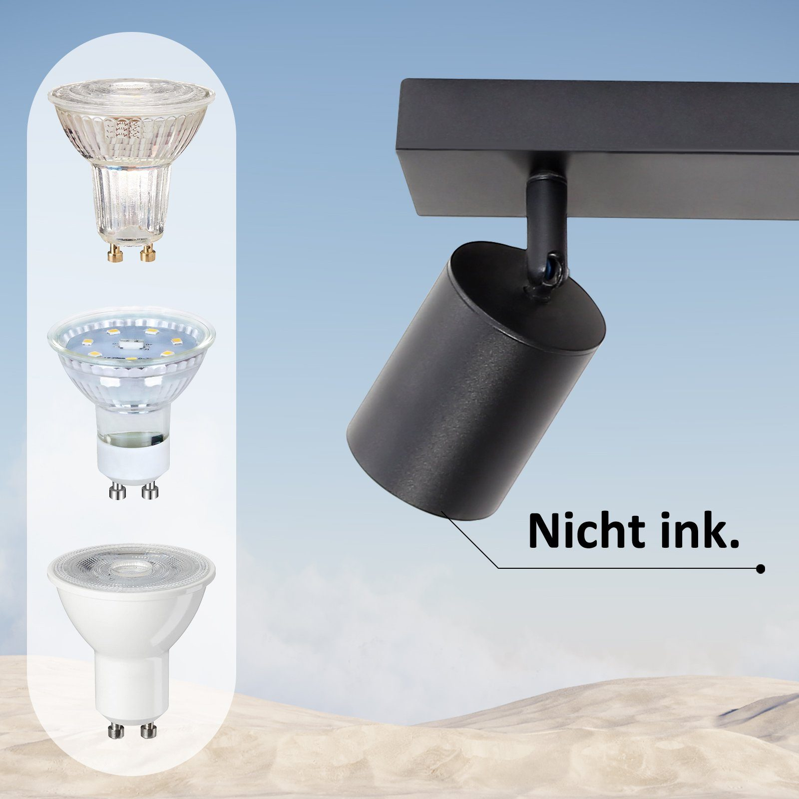 Una luce a binario nera con tre lampadine diverse accanto. Il testo dice 'Nicht ink'.