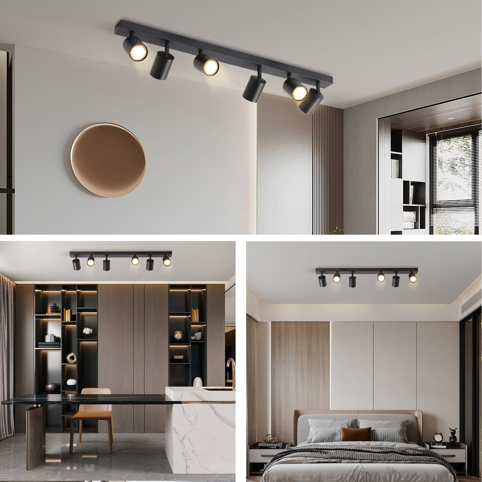 Diverse immagini che mostrano un'illuminazione a binario con faretti in vari contesti ambientali.