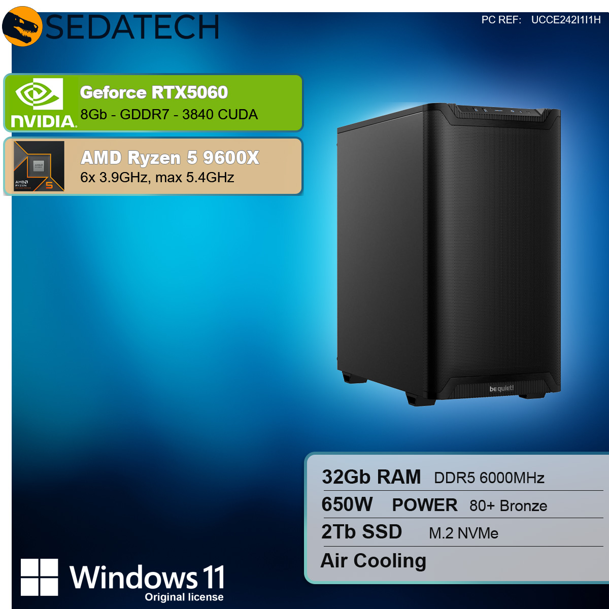Un case per computer nero con specifiche per una GeForce RTX 5060 e AMD Ryzen 5 9600X.