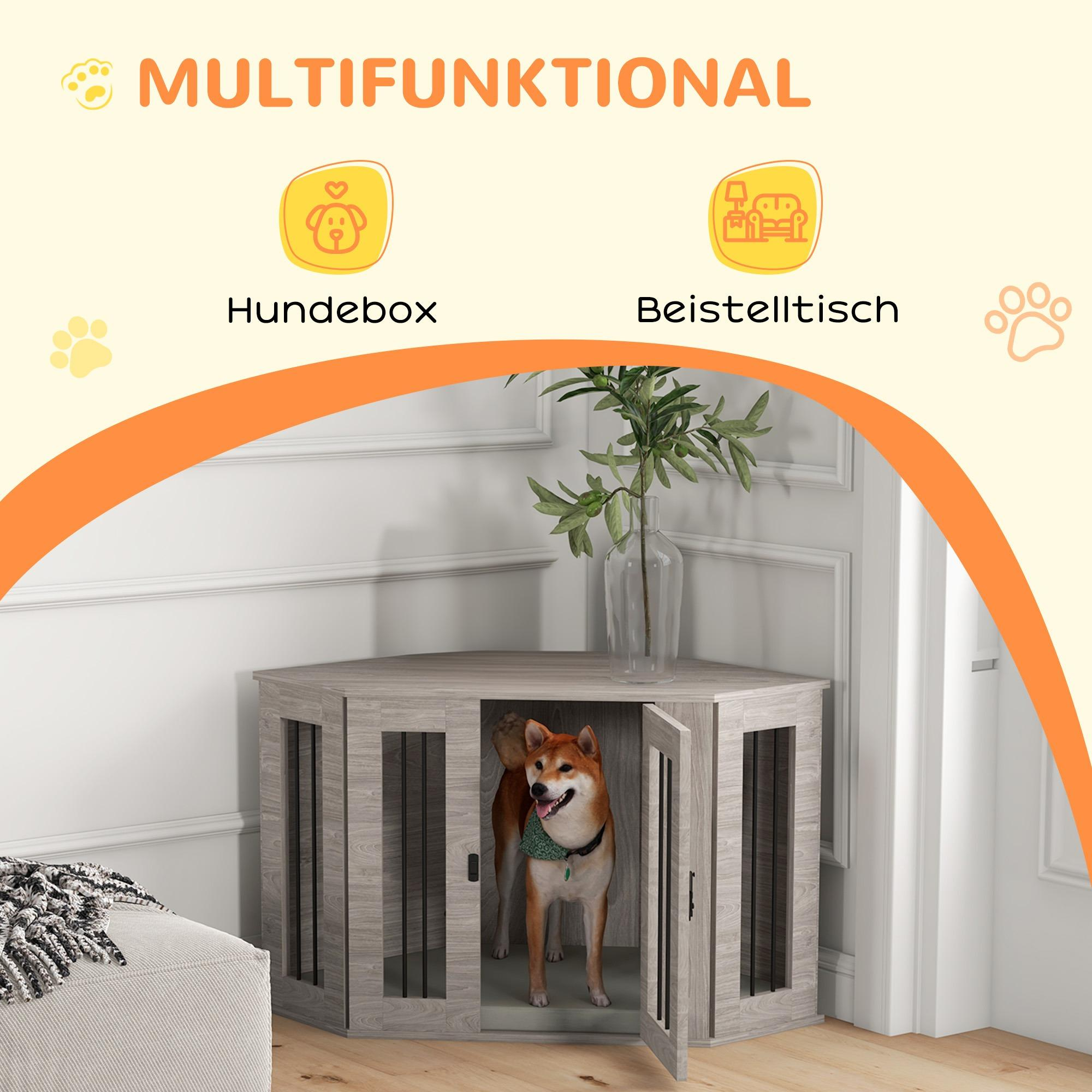 Hund in einem Eck-Hundehaus aus Holz. Text 'Multifunktional' mit Symbolen: Hund, Beistelltisch, Pfotenabdrücke.