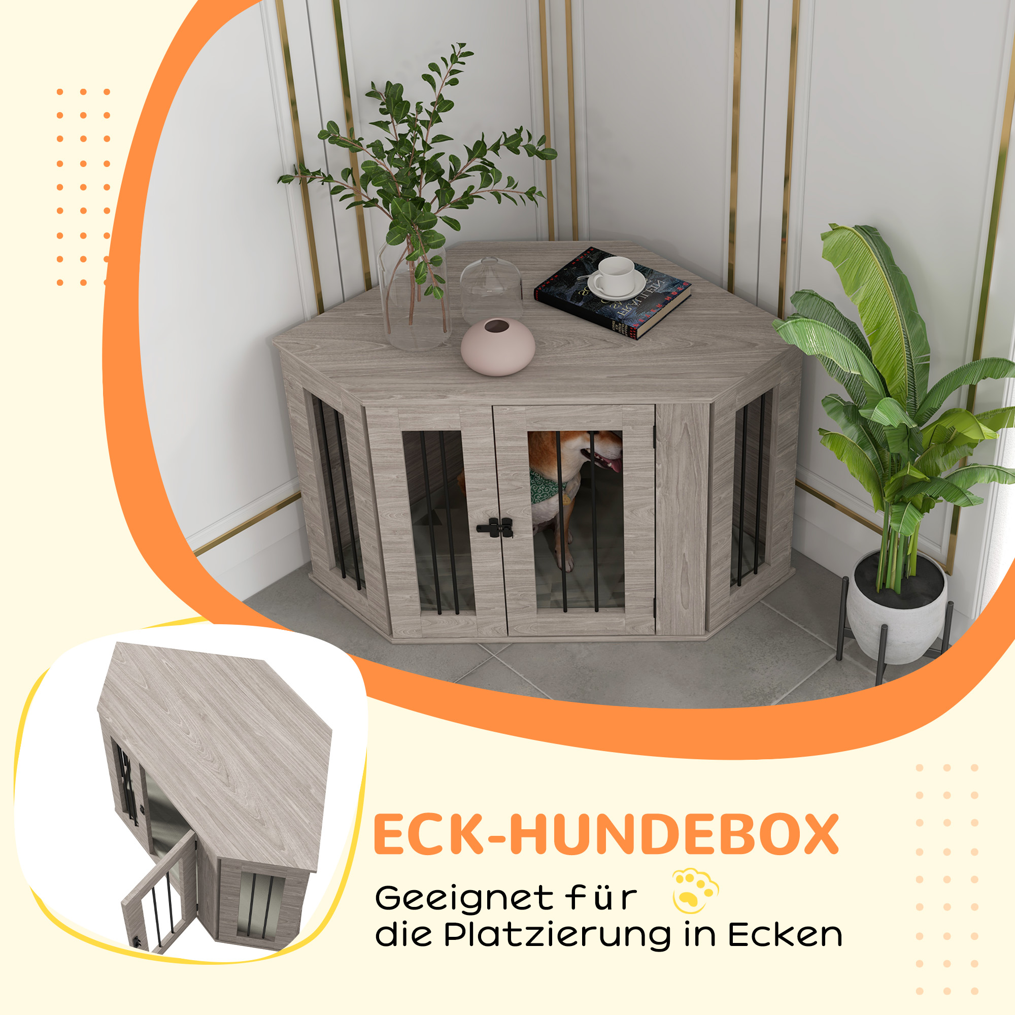 Eine graue Eck-Hundebox mit einem Hund darin, Pflanzen und Dekorationen.