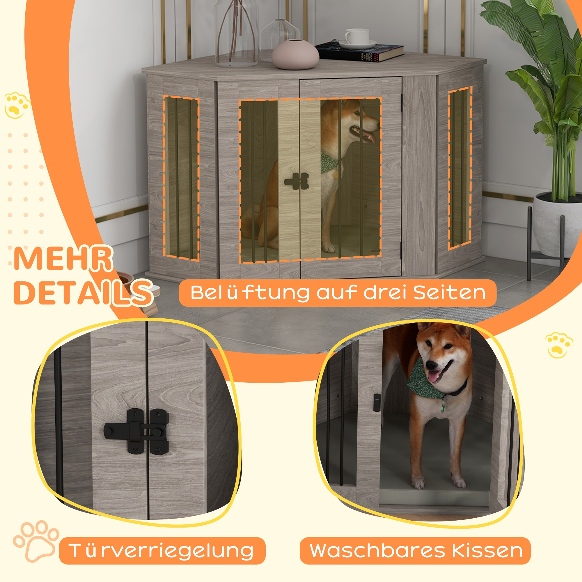 Hundehütte mit Hund darin. Holzschrankstil mit durchsichtigen Kunststoffseiten. Türriegel und waschbares Kissen.