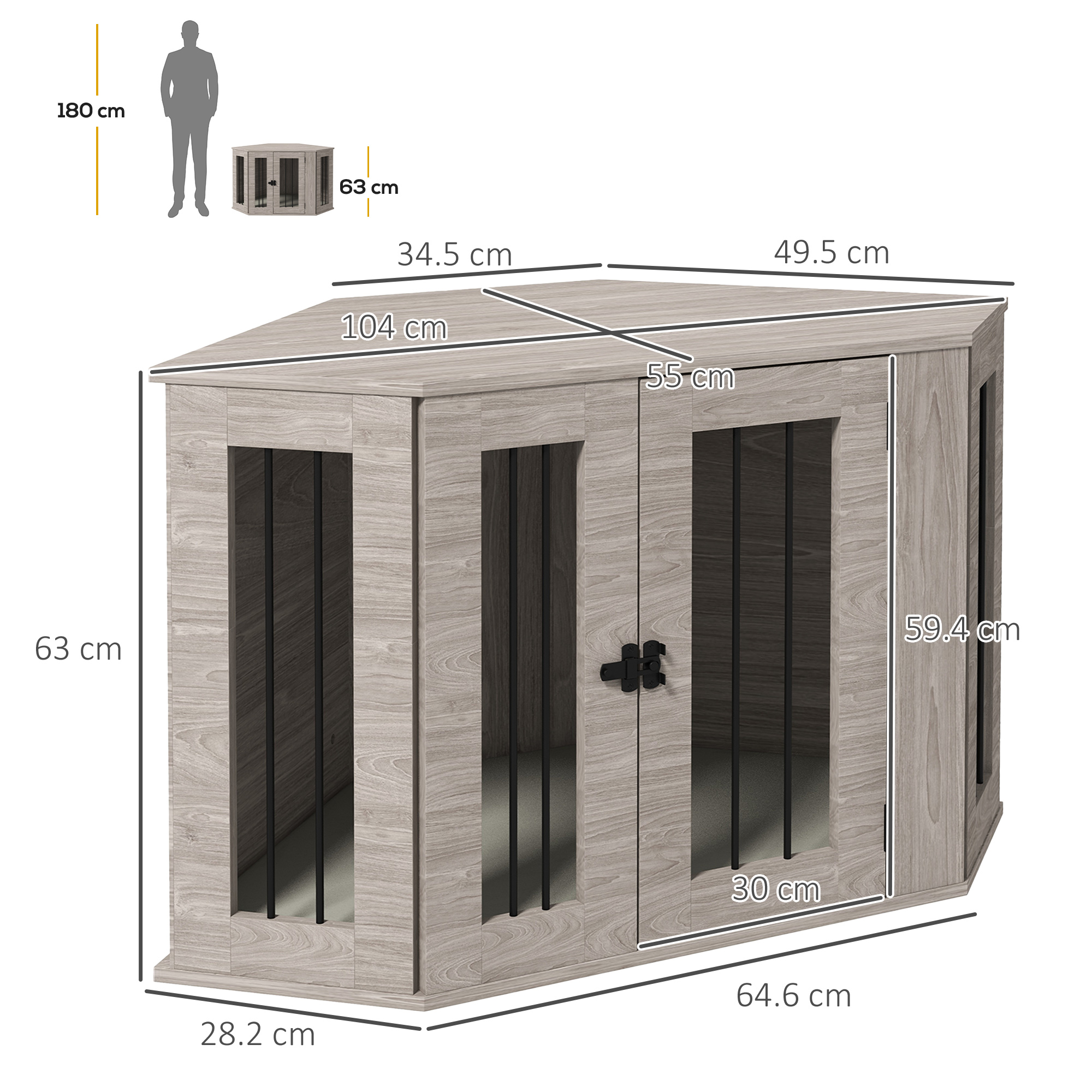 Eine graue Hundebox mit beschrifteten Abmessungen. Sie hat zwei Türen mit Gittern und einem Riegel.