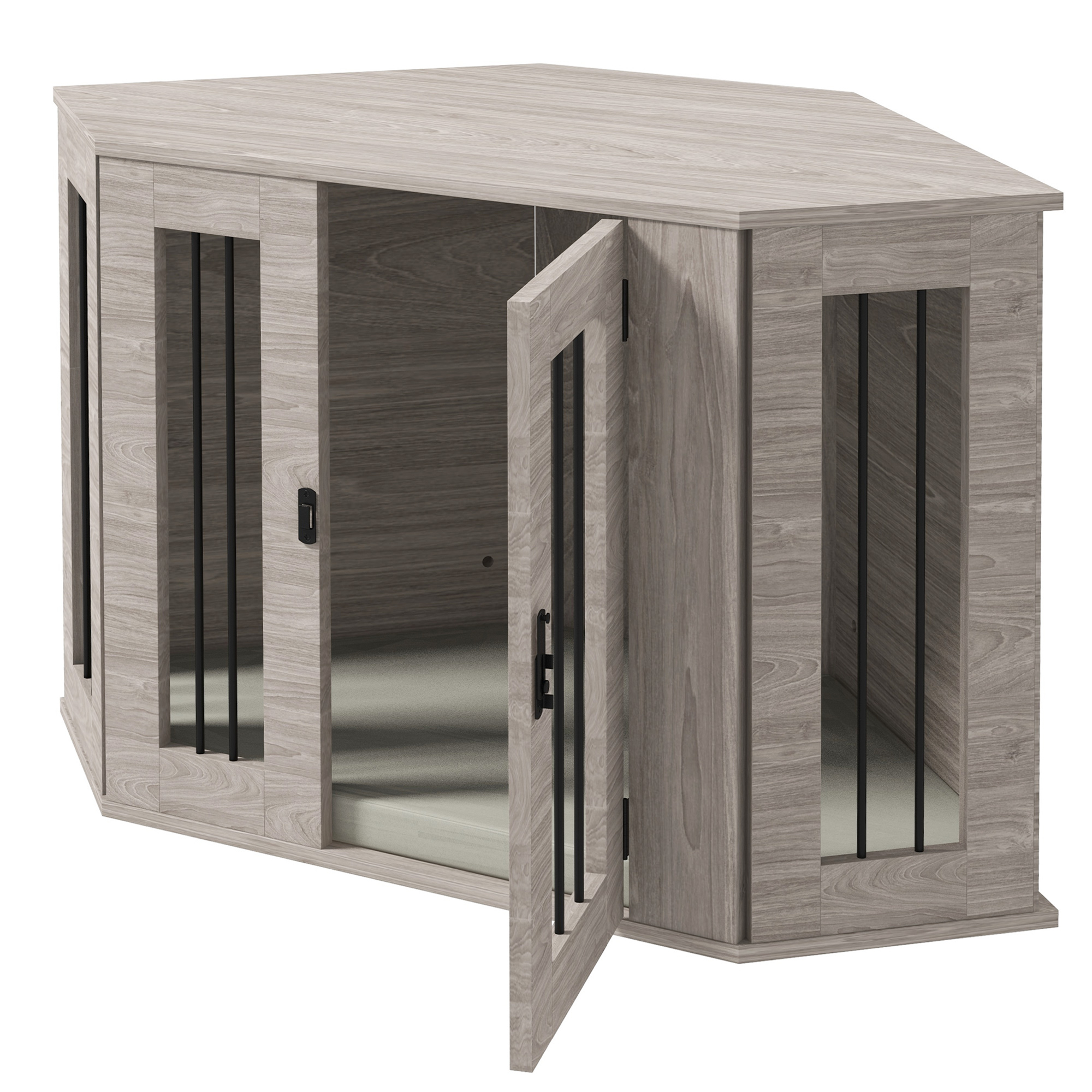 Hundehütte aus Holz mit offenen Türen. Sie hat eine gräuliche Holzstruktur und schwarze Gitter.
