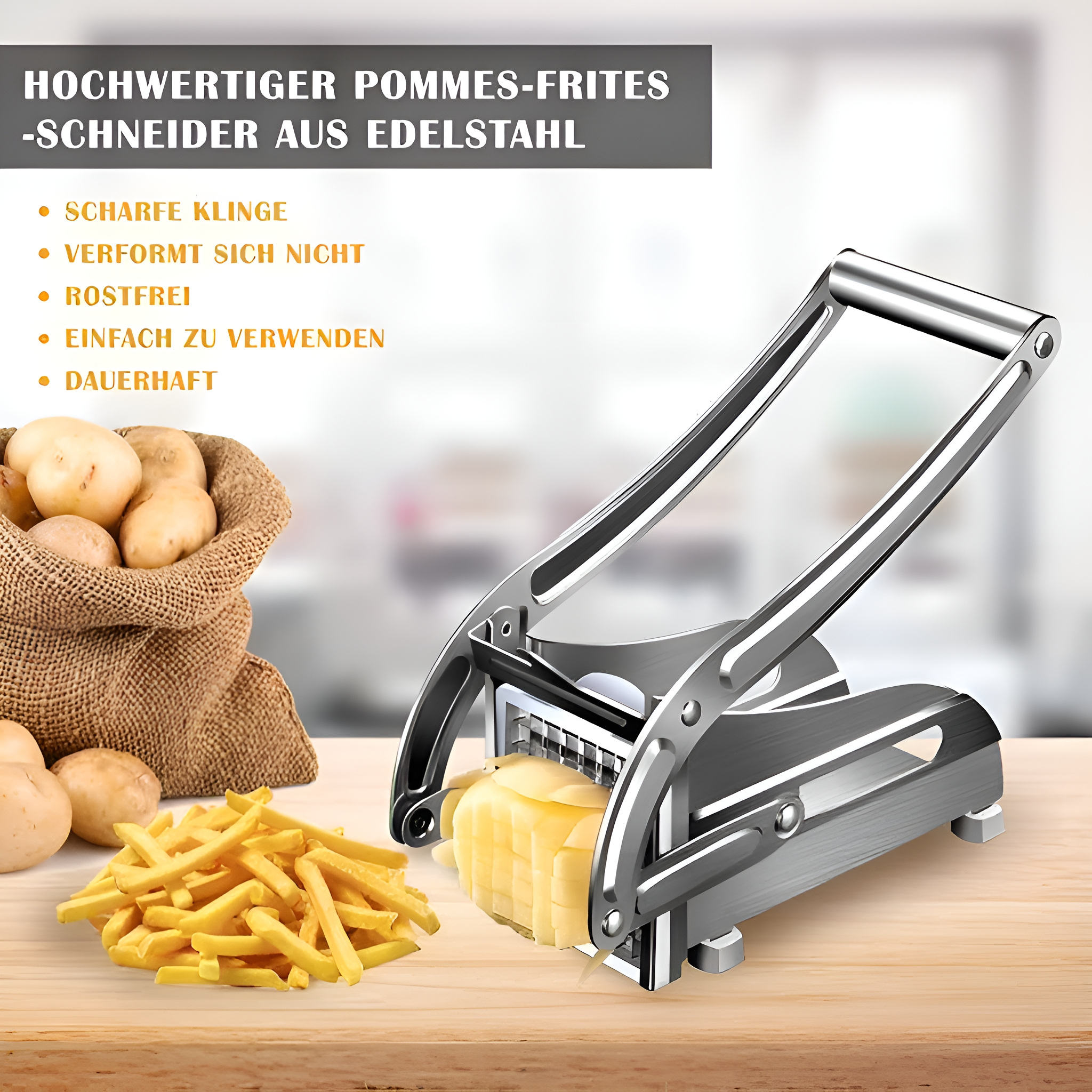 Ein Pommes-Frittes-Schneider aus Edelstahl, Kartoffeln und Pommes. Text hebt die Eigenschaften hervor.