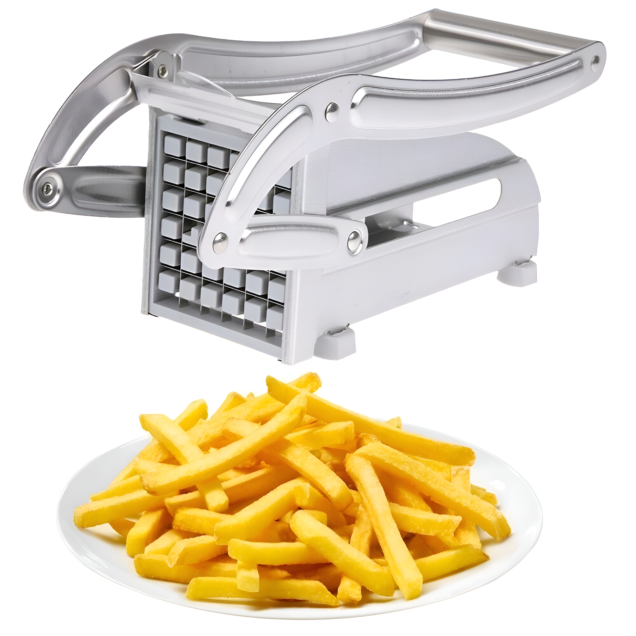 Ein Pommes-Schneider und ein Teller mit frisch geschnittenen Pommes. Der Schneider ist silber und weiß.