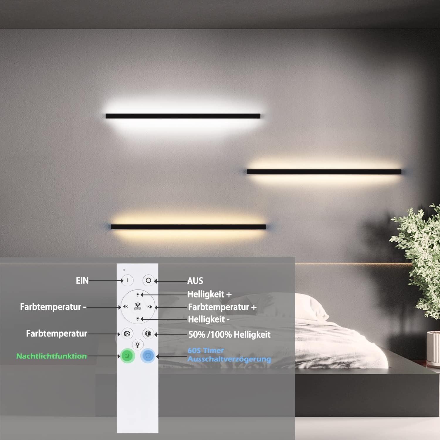 Muro con tre luci a led e un telecomando con funzioni di luminosità.
