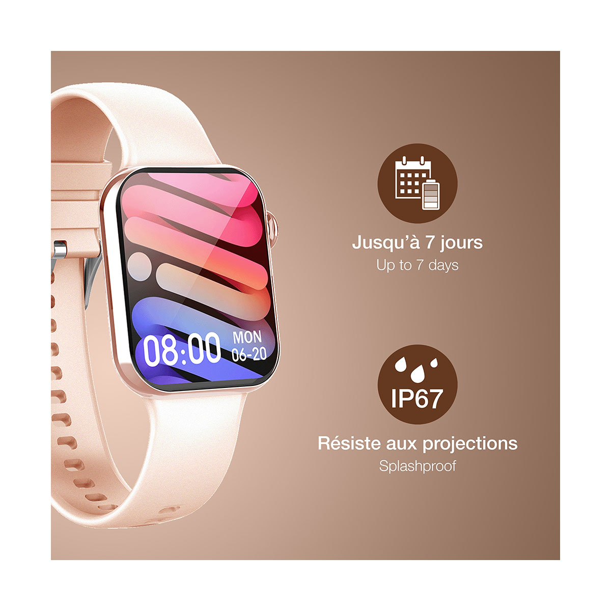 Montre connectée avec bracelet rose, affichant l'heure, la date et des icônes.