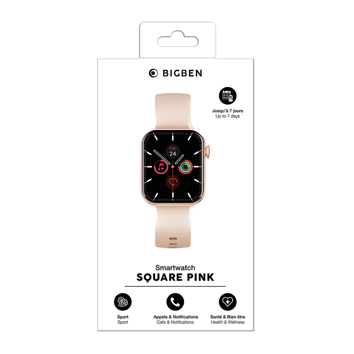 Montre connectée rose dans un emballage blanc. Affiche l'heure, les icônes et un bracelet rose.