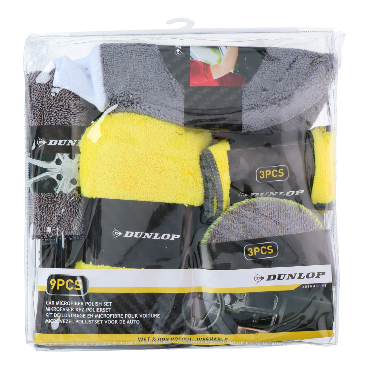 Car detailing kit in een transparante zak. Diverse reinigingsgereedschappen binnenin.