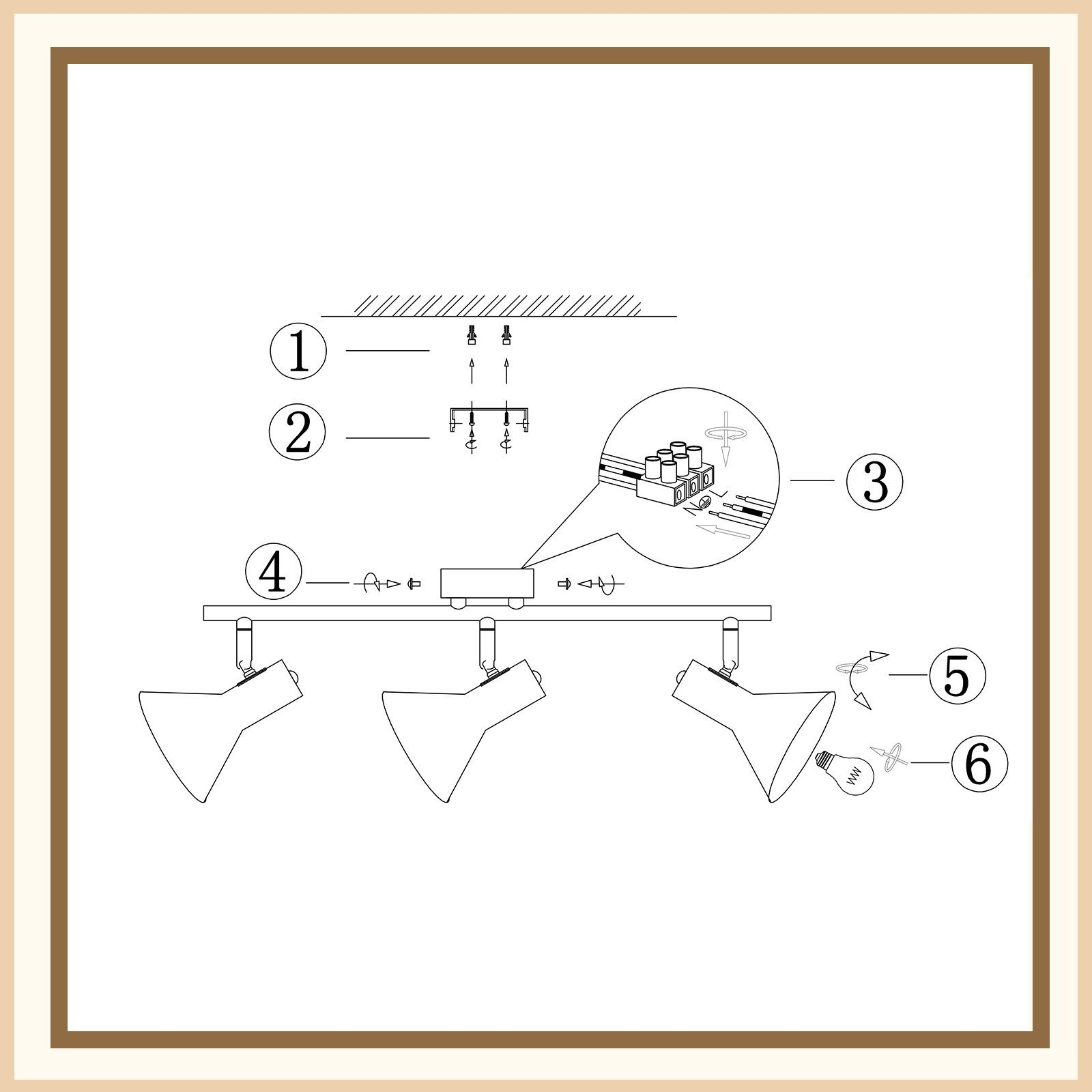 Schema di un apparecchio di illuminazione a soffitto con viti, cablaggio e lampadine. Numerato.