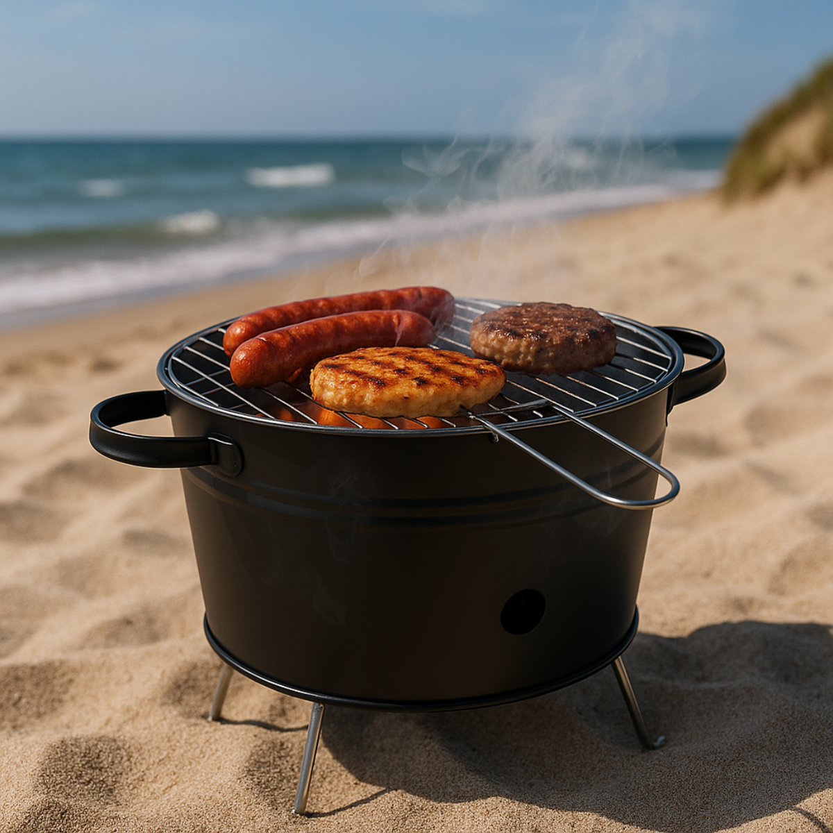 Draagbare zwarte grill op een zandstrand met gegrild eten en de oceaan op de achtergrond.