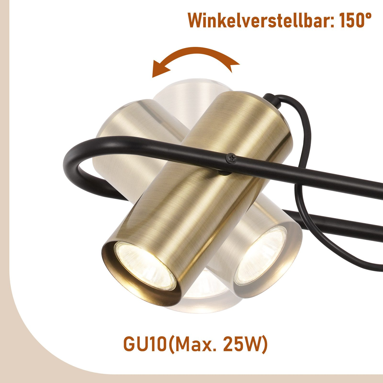 Zbliżenie regulowanej lampy. Jest czarna i złota z napisem 'GU10(Max. 25W)'.