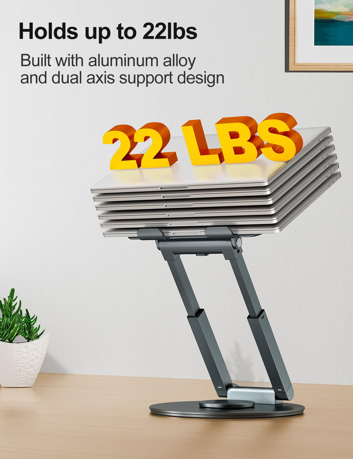 Laptopständer mit mehreren Laptops. Text: Hält bis zu 22 lbs.