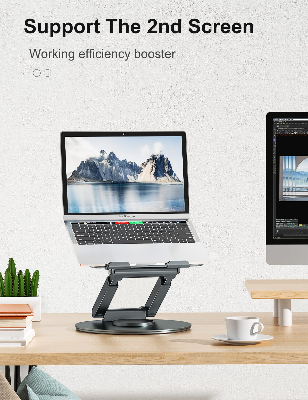 Laptop auf einem Ständer auf einem Schreibtisch mit Monitor und Tasse. Weiße und graue Umgebung.
