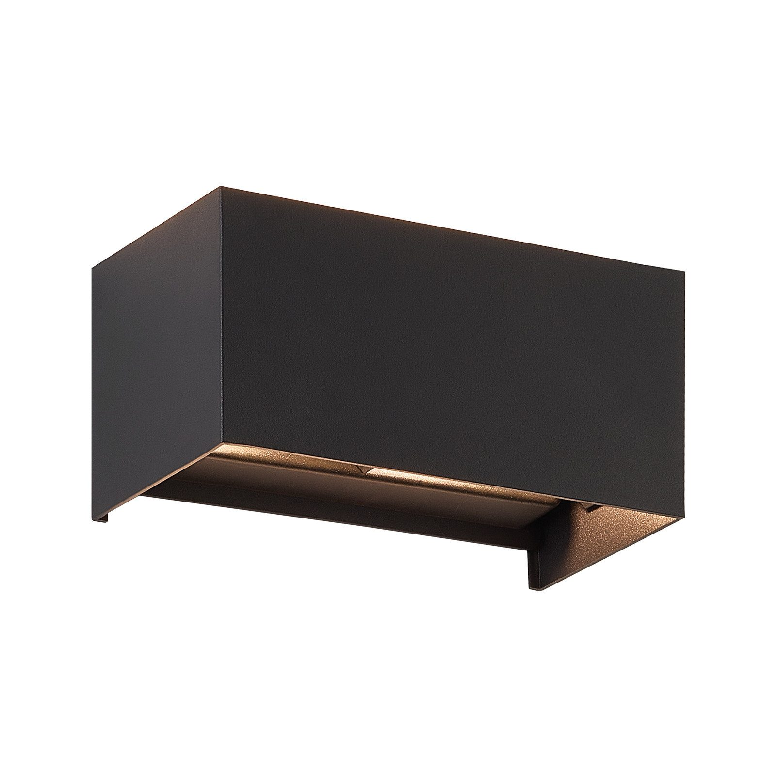 Apparecchio di illuminazione esterno rettangolare nero, montato su una superficie bianca.