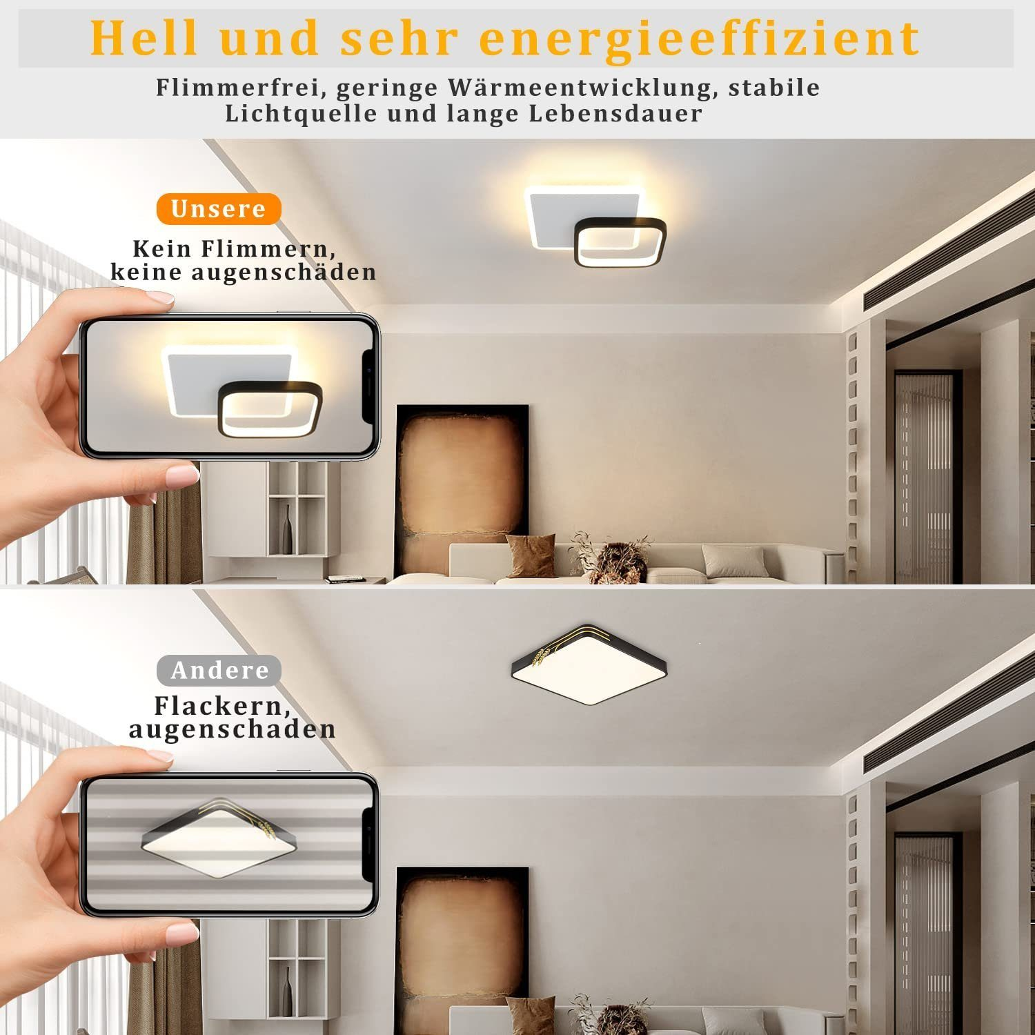 Dos imágenes: mano sosteniendo teléfono mostrando luz brillante vs. luz parpadeante.