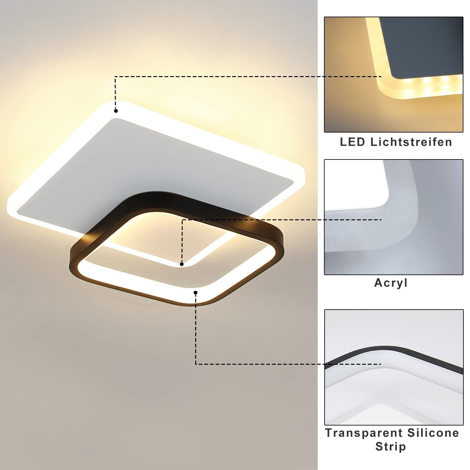 Luz de techo moderna con anotaciones que muestran tira LED, acrílico y tira de silicona transparente.