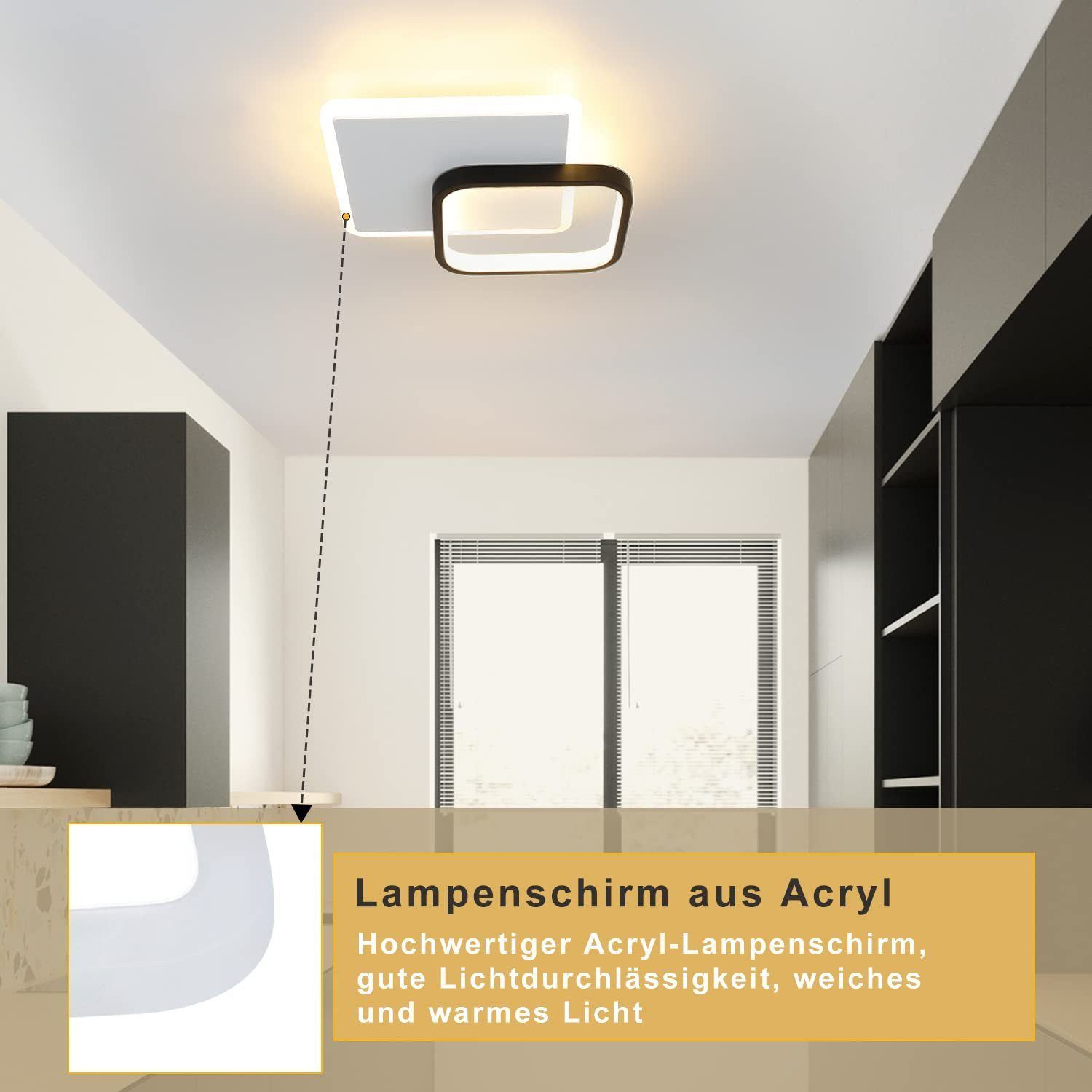 Luz de techo moderna con forma cuadrada y rectangular, en una habitación.