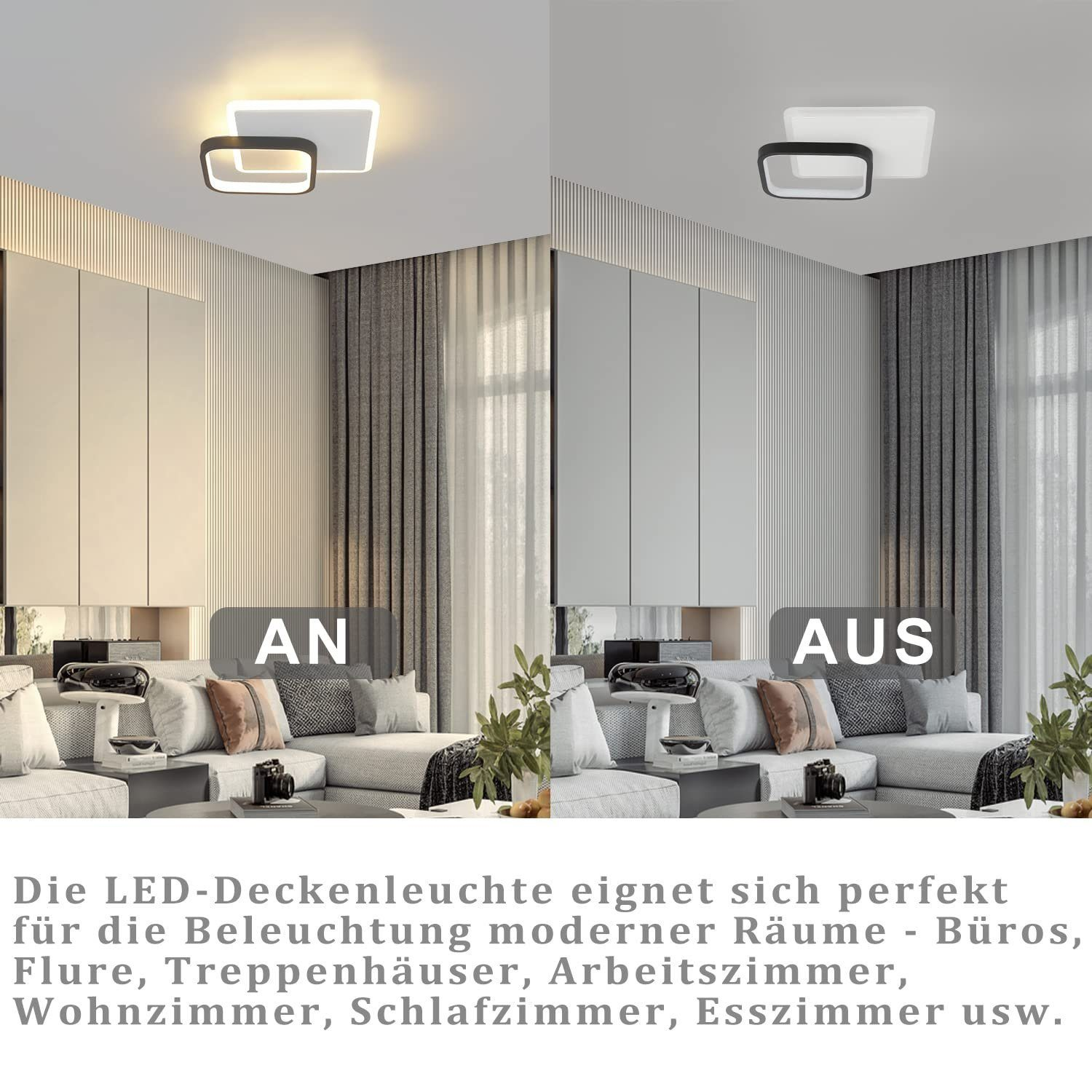 Salón con luces de techo LED encendidas y apagadas, sofás, cortinas y plantas, decoración moderna.