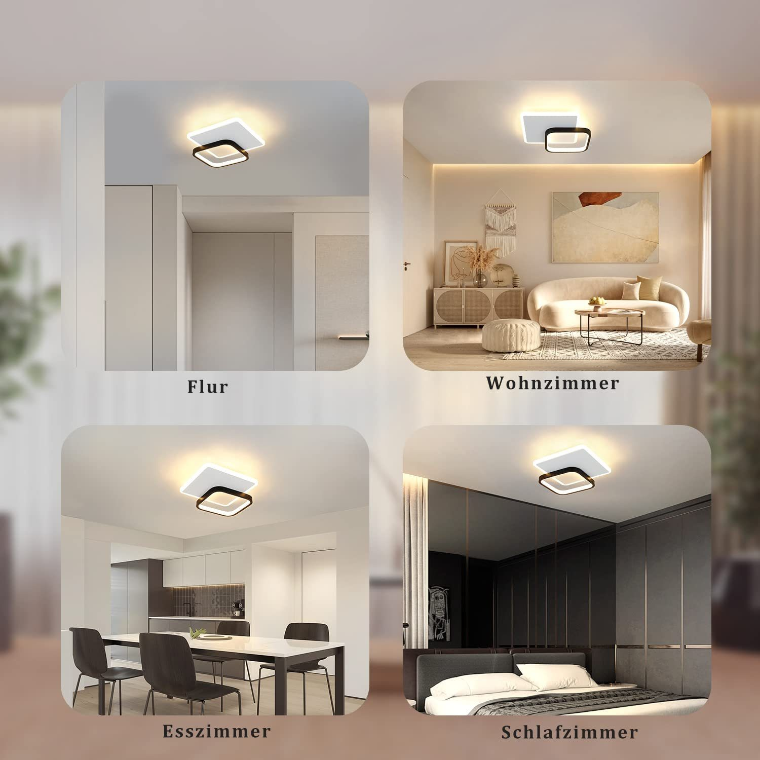 Cuatro imágenes de una lámpara de techo cuadrada en diferentes habitaciones: pasillo, sala de estar, comedor, dormitorio.