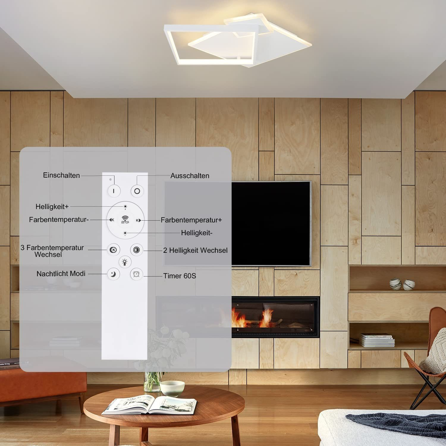 Ein Raum mit Deckenleuchte, Fernbedienungs-Overlay, Holzwand, TV, Kamin und Tisch.