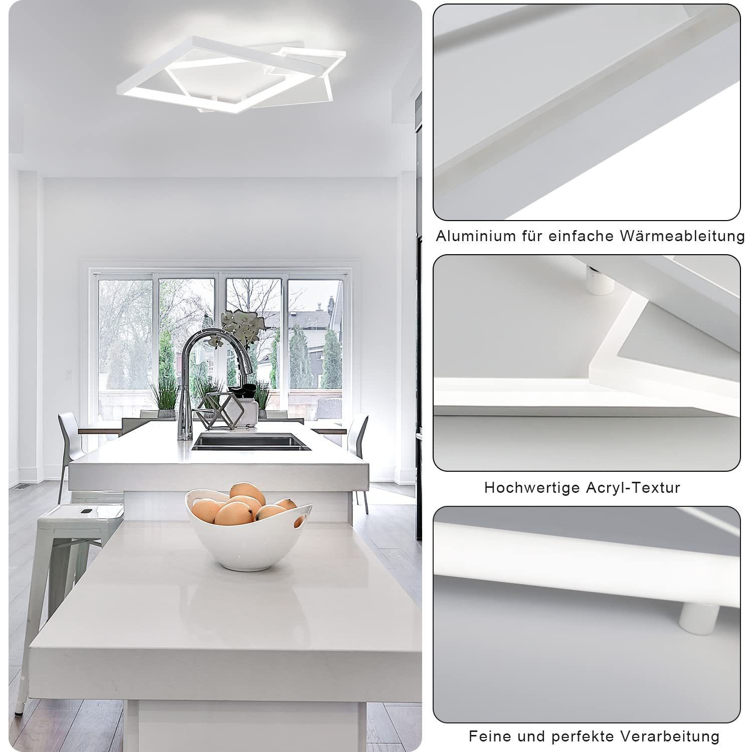 Moderne Küche mit weißer Arbeitsplatte und weißer Deckenleuchte mit eingelassenen Details.
