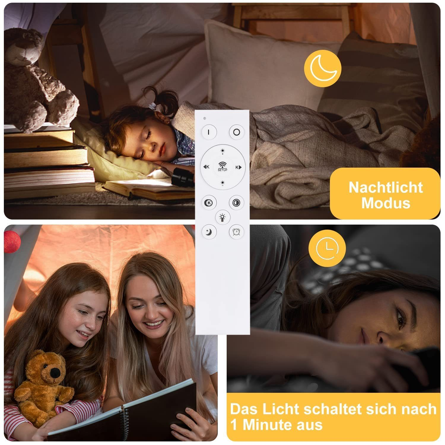 Ein Kind schläft unter einer Decke. Eine Fernbedienung ist in der Mitte. Zwei Mädchen lesen ein Buch.