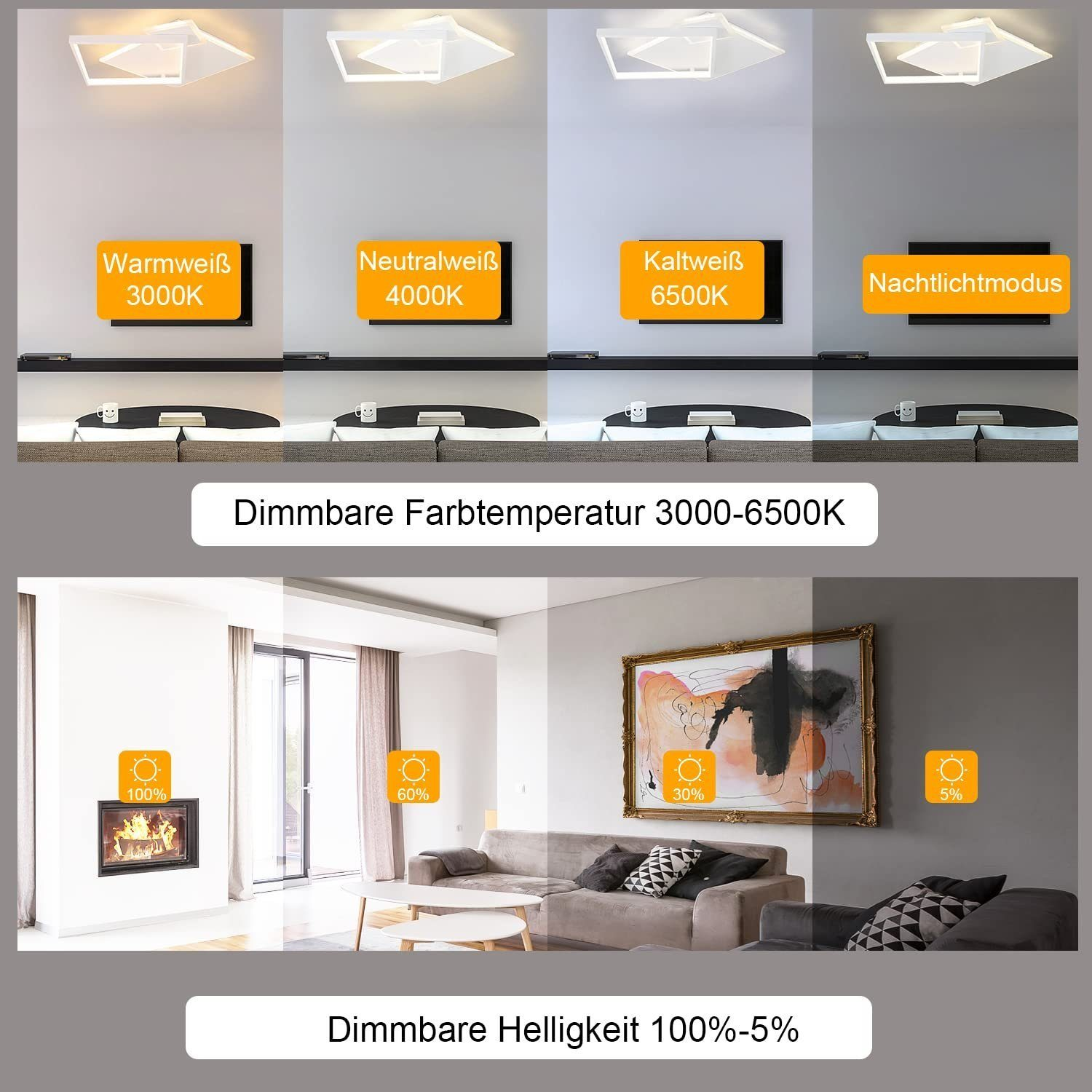 Vier Bilder mit verschiedenen Lichteinstellungen. Die obere Reihe zeigt verschiedene Weißtöne.