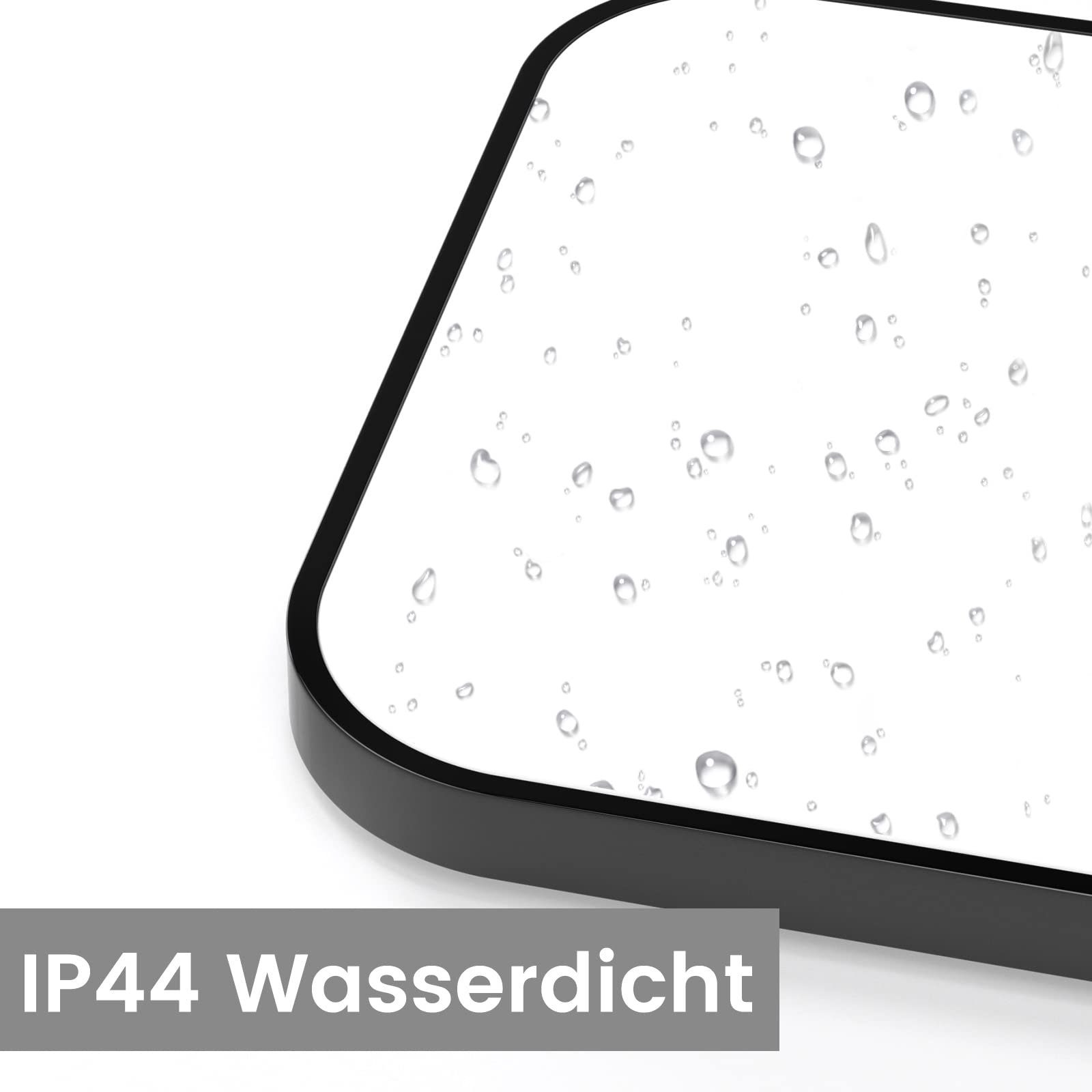 Nahaufnahme einer schwarzen Oberfläche mit Wassertropfen. Text: IP44 wasserdicht.