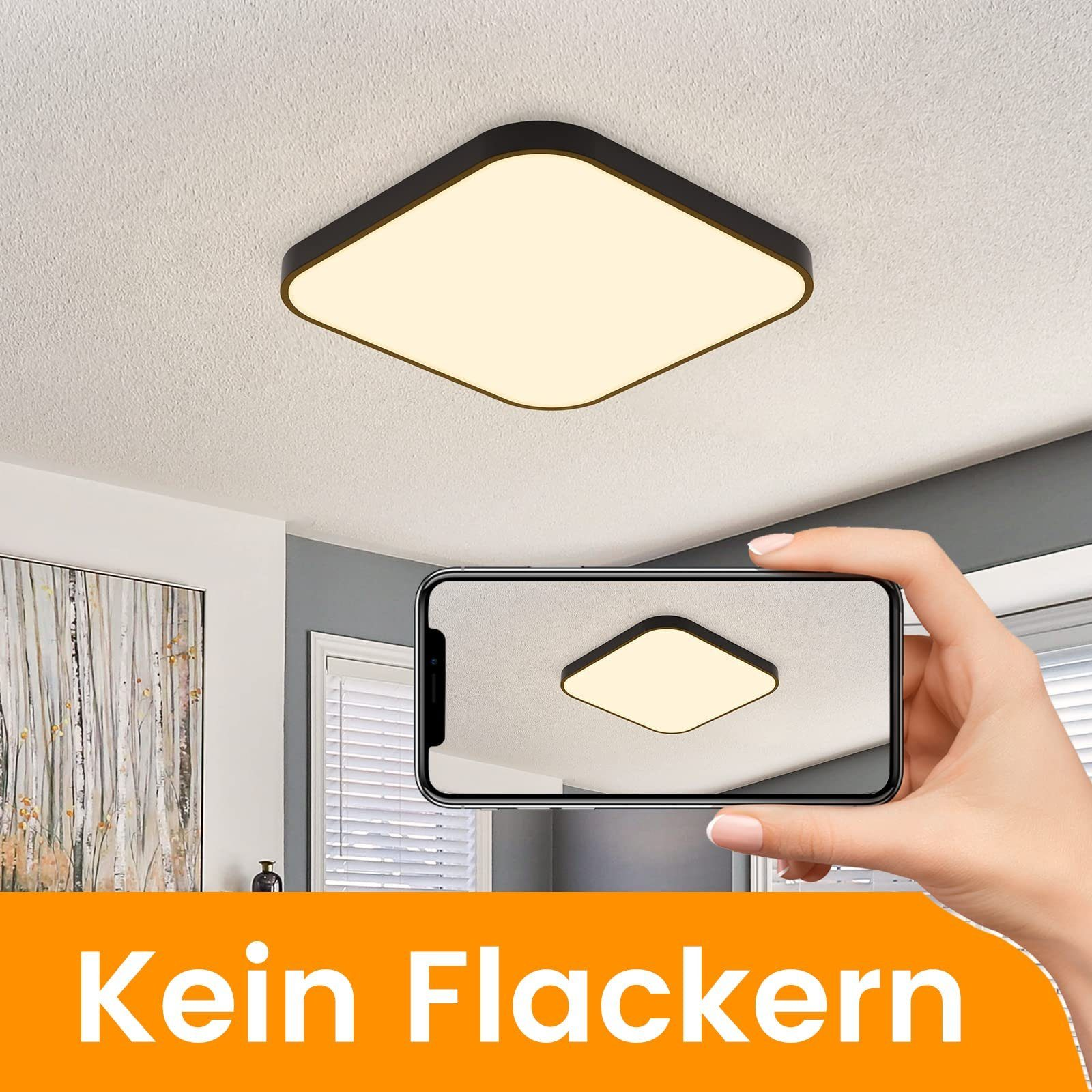 Person macht Foto von quadratischer Deckenleuchte. Text: 'Kein Flackern'.