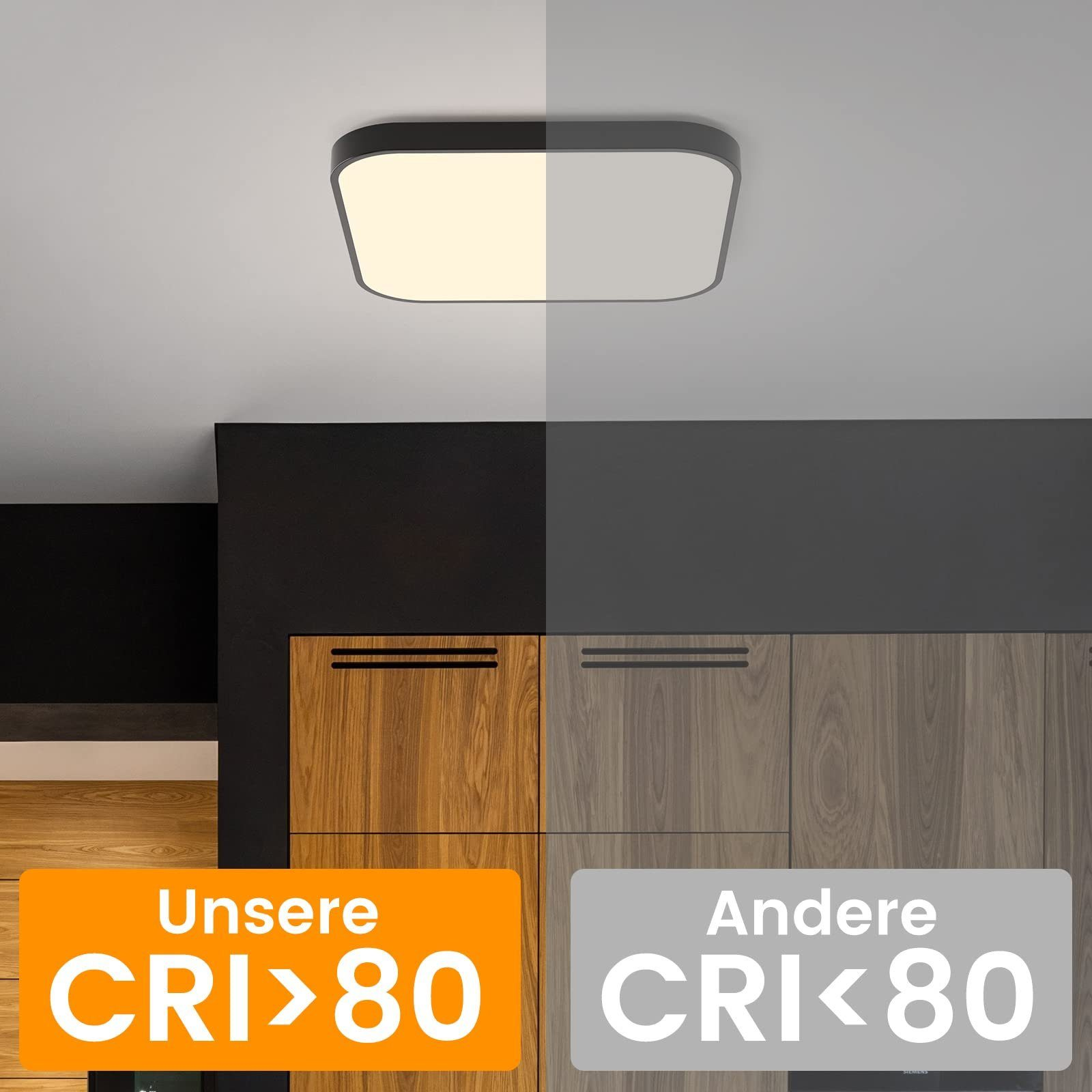 Deckenleuchte mit zwei Bereichen, einer warmweiß, der andere kaltweiß, vor neutralem Hintergrund.