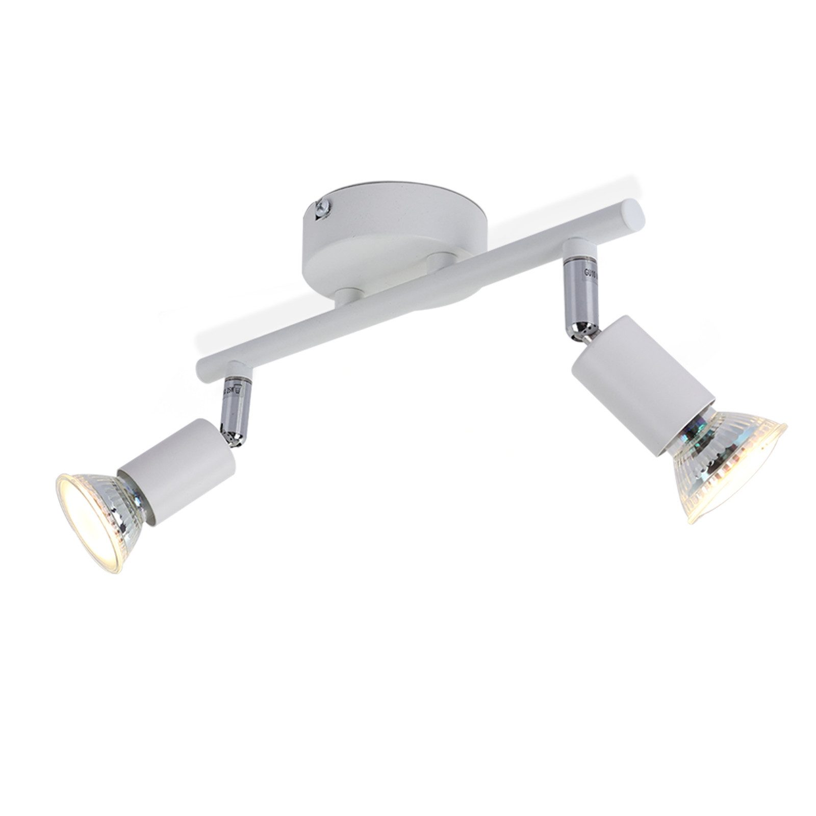 Faretti bianchi su una barra bianca, con due lampadine su sfondo bianco.