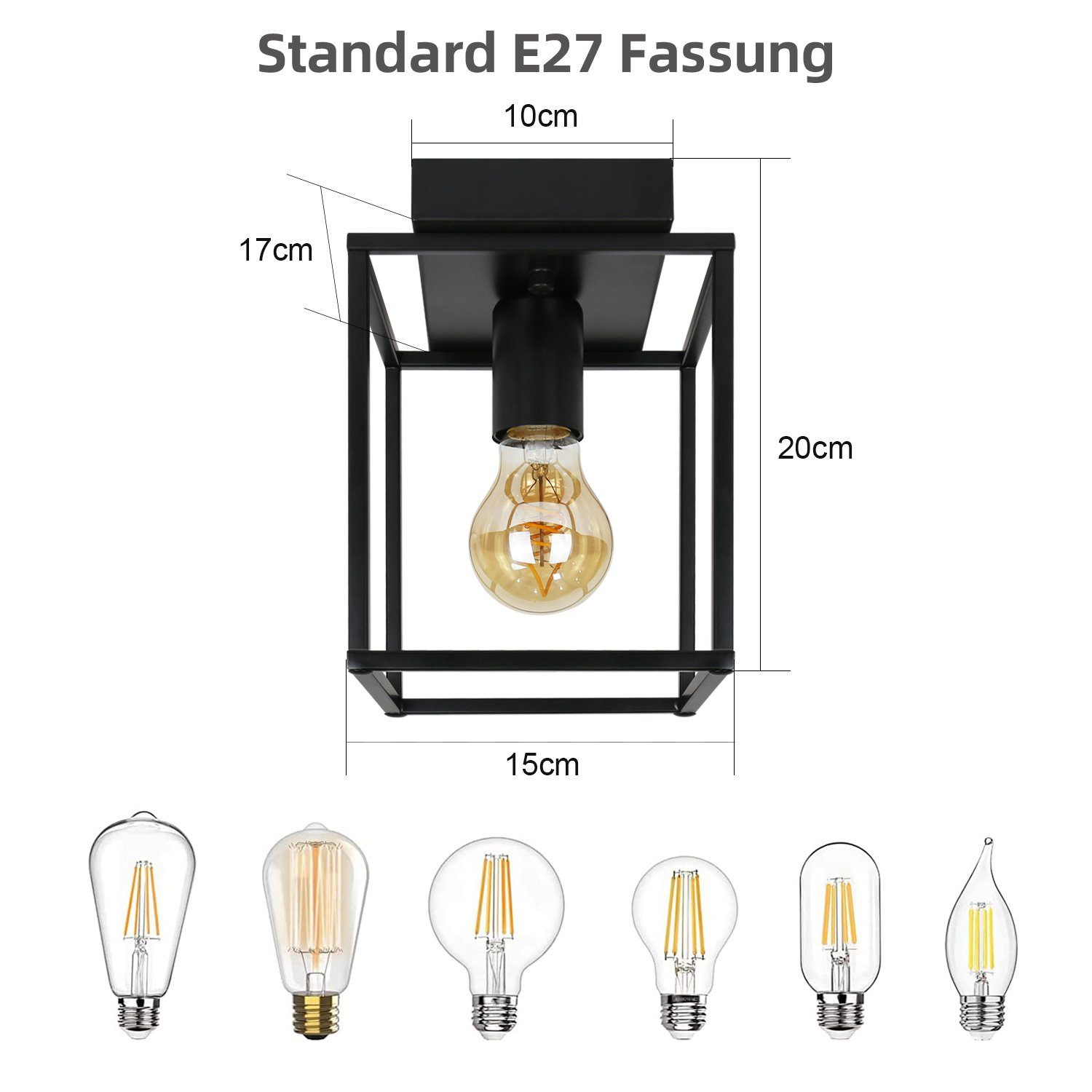 Czarna lampa sufitowa z żarówką w środku. Pokazano wymiary i rodzaje żarówek.