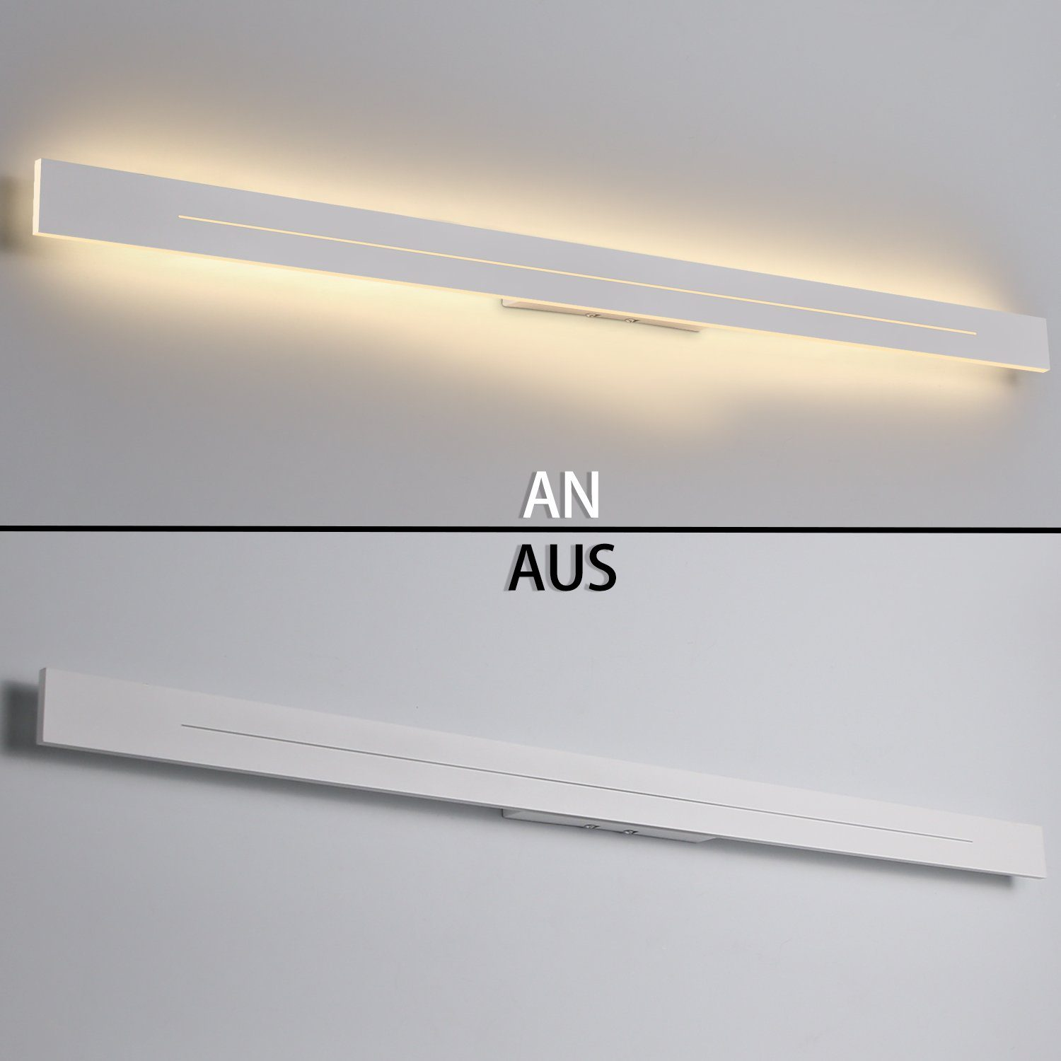 Due immagini di un apparecchio LED bianco, uno acceso e uno spento, su un muro grigio.